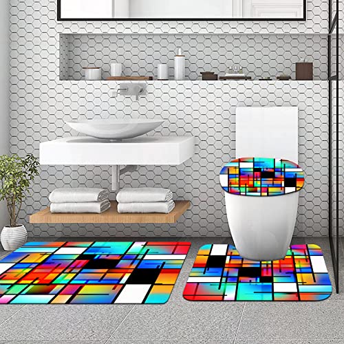 URSOPET Badteppich-Set 3-teilige, rutschfeste,Blaue Farbe bunt geometrisch Mondrian inspiriert 3D-Rendering Pop… – Bild 4