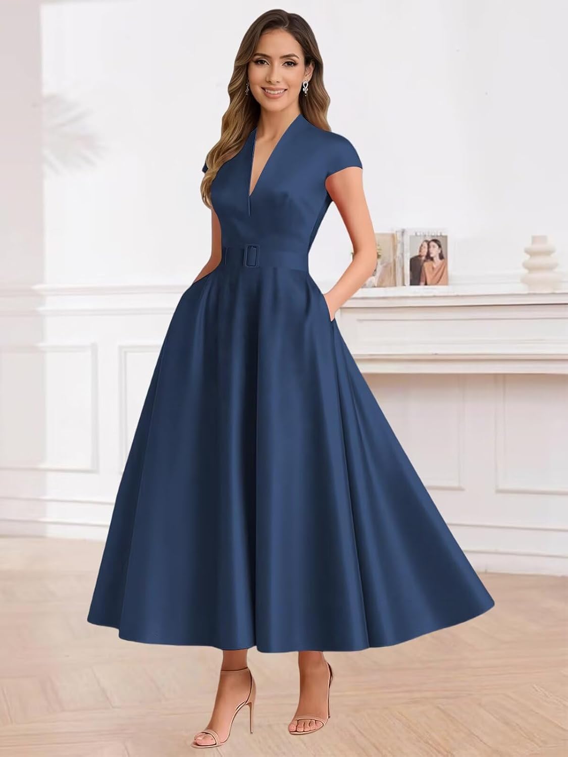 Tea Length Satin Mother of Bride Dresses for Women A Line Formal Wedding Guest Dress with Pockets Belt - Image 5