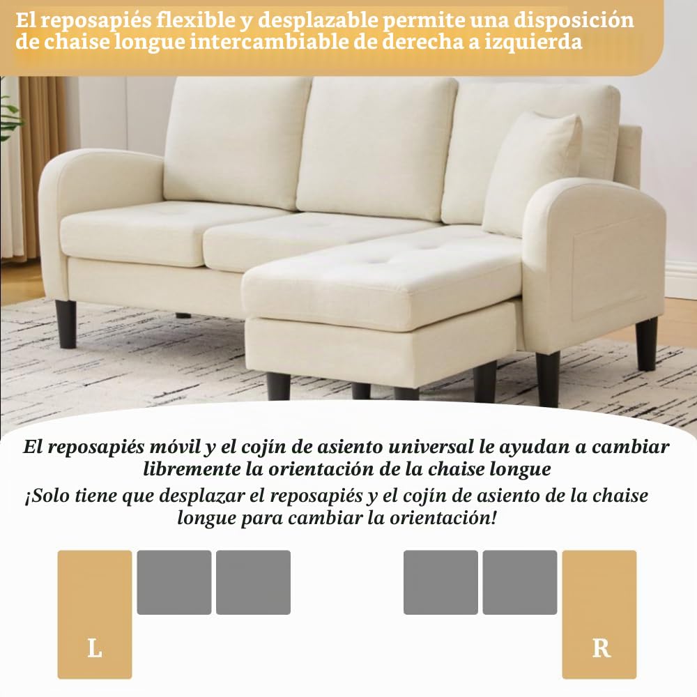 Sofá esquinero en forma de L con chaise longue, sofá de 3 plazas, 166 x 118 x 77 cm, tela transpirable de algodón y lino, patas de plástico, diseño modular, ideal para salas de estar (Beige