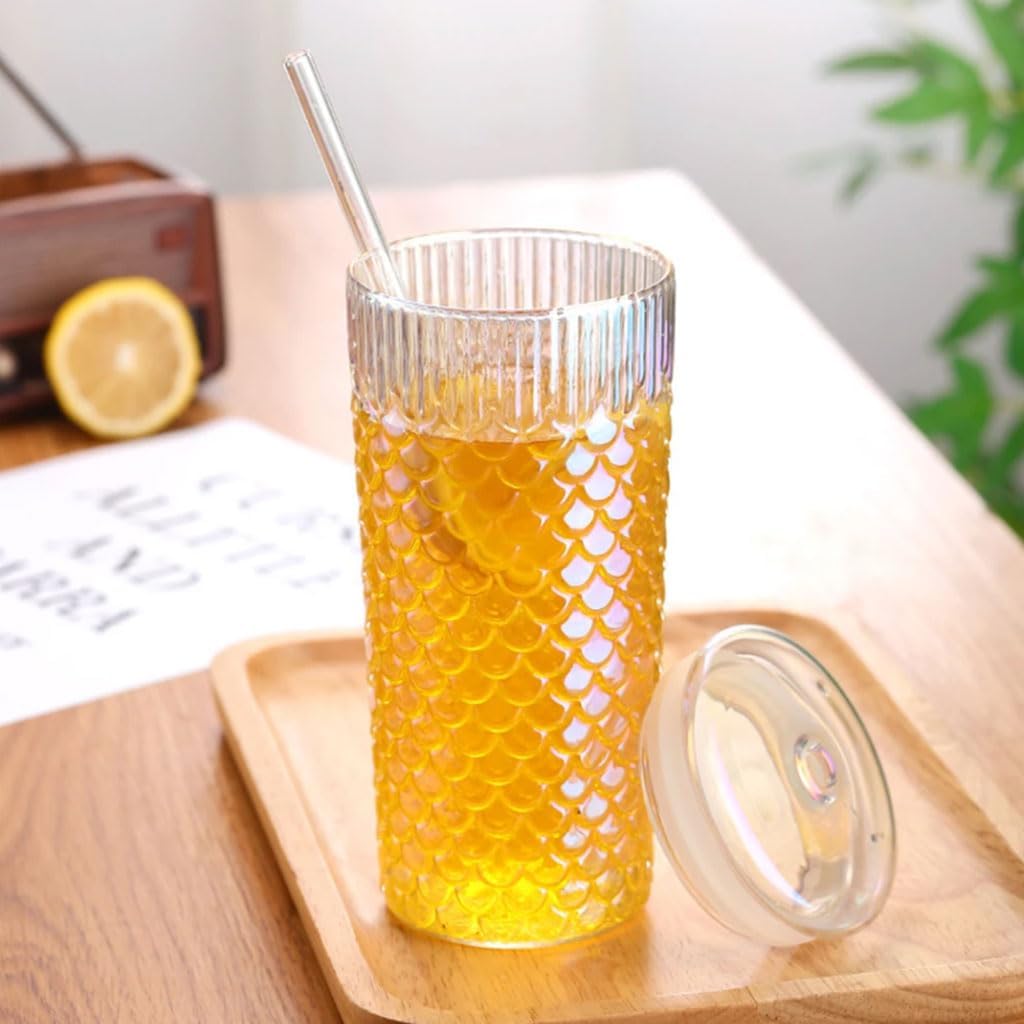 Exquisite Creative Glass Cup with lid and Straw iced Coffee Glasses Juice Beverage Glasses Tea Mug Drinking Cups Travel Cup 750ml Practical