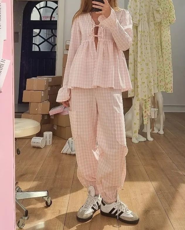 Image of Argeousgor Women Plaid 2 Piece Pajama Set Button Down Puff Sleeve Babydoll Shirt Gingham Pants Pj Lounge Set Sleepwear