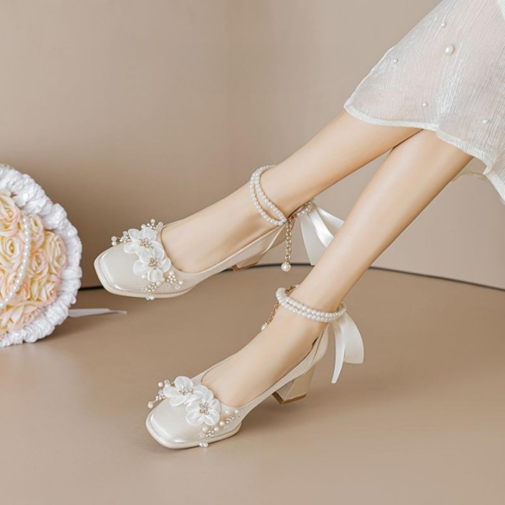 Generico Scarpe da Sposa in Raso con Punta Quadrata da Donna | Cinturino Alla Caviglia Scarpe Da Ballo Per Feste Con Fiocco, Tacco Grosso Alto DéColleté Da Vestito Con Motivo Floreale