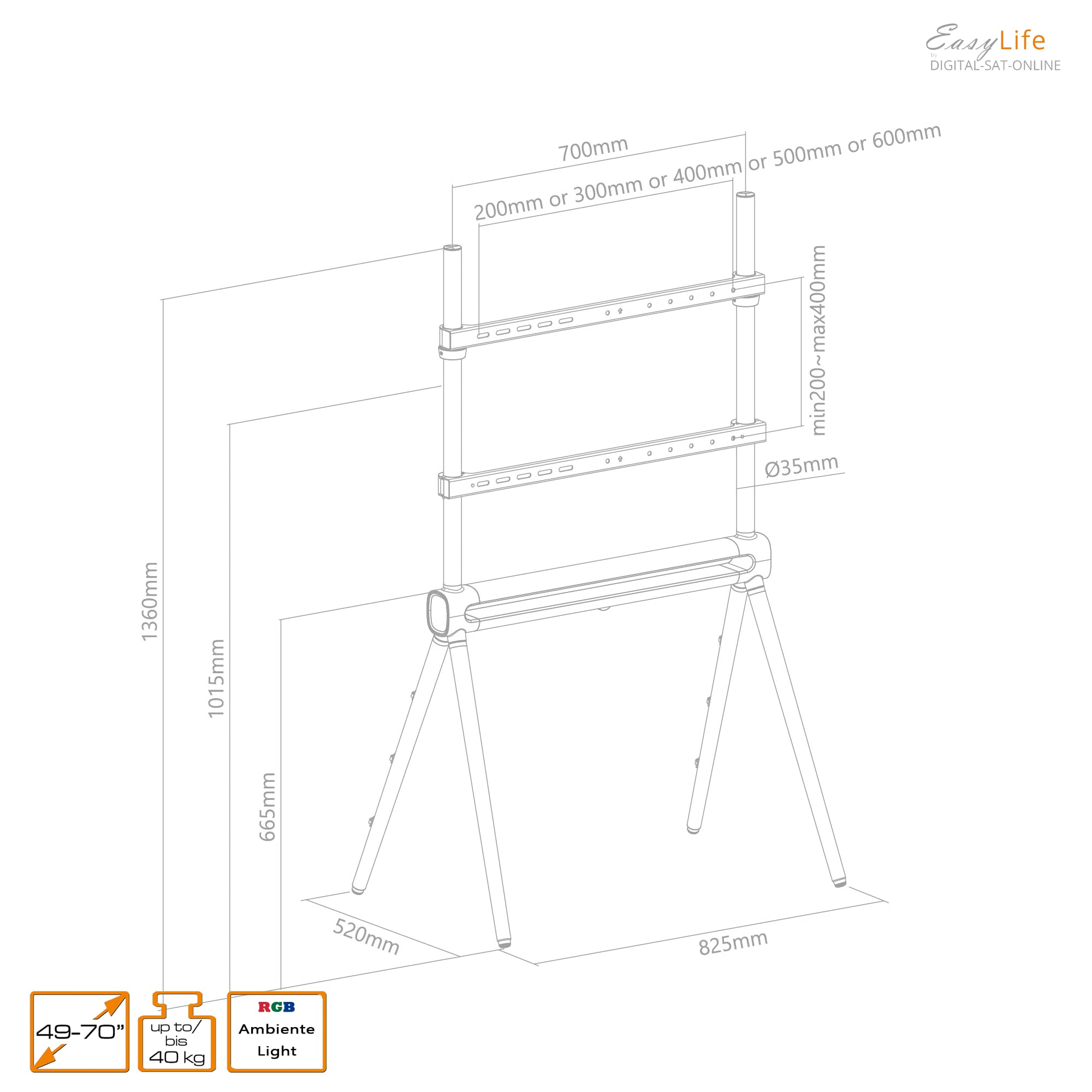 EasyLife - Soporte de TV de 4 patas con iluminación ambiental LED - Soporte de TV y monitor de hasta 70" y 40 kg, regulable en altura, VESA hasta 600x400 (grafito/nuez oscuro)