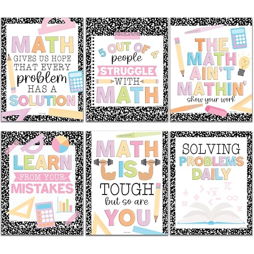 6 Math Posters – Fun & Motivational Math Posters for Elementary, Middle & High School, Teacher Must Haves for Classroom Decor & Bulletin Board Sets, Composition Notebook Classroom Decor