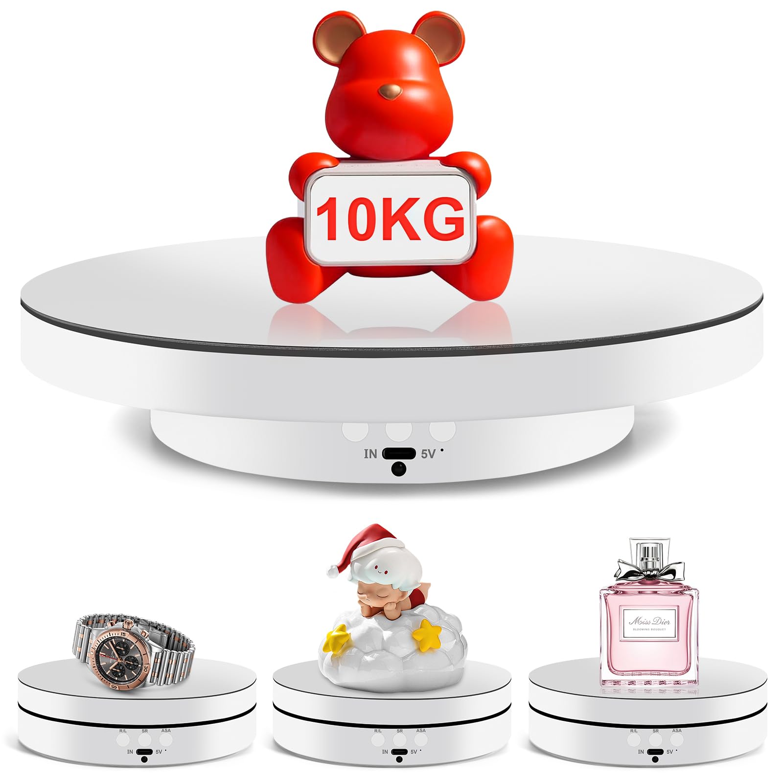 Turntable Electric 360°, Motorized Turntable with Display, Adjustable Speed Direction, for Jewelry, Watches, Digital Products - Ideal for Videos and Social Media - White