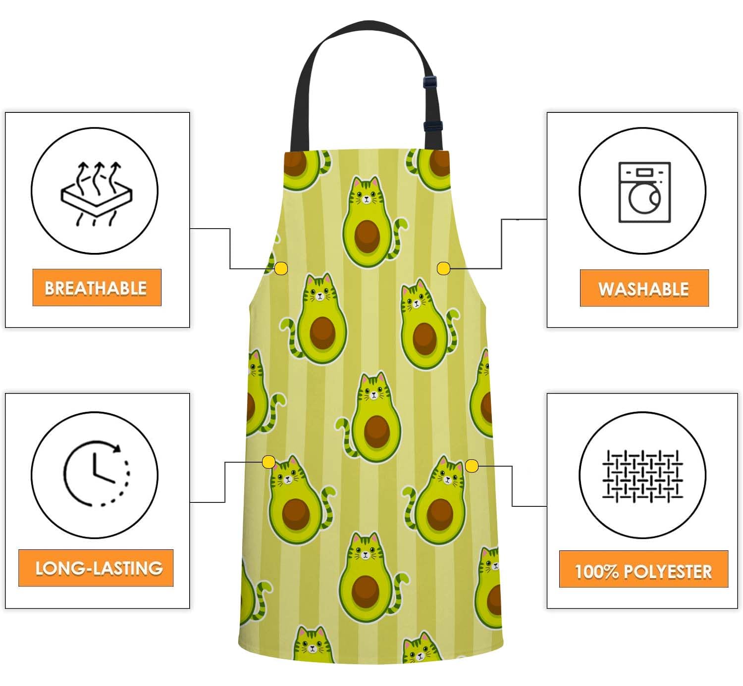 Smooffly Cute Cartoon Avocado with Cat Apron Unisex Adjustable Bib Apron Cooking Kitchen Chef Women Men Aprons for Home Kitchen Restaurant,Coffee House,Shop,Garden - Image 4