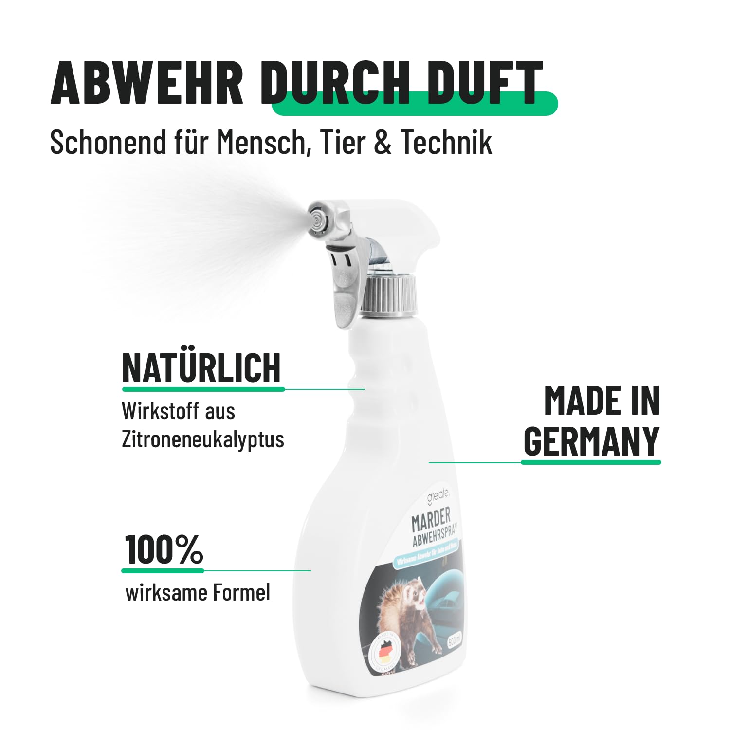greate Zestaw do odstraszania kun – Made in Germany spray przeciw kunom 500 ml + ultradźwiękowy odstraszacz kun do samochodu z przyłączem akumulatora 12 V