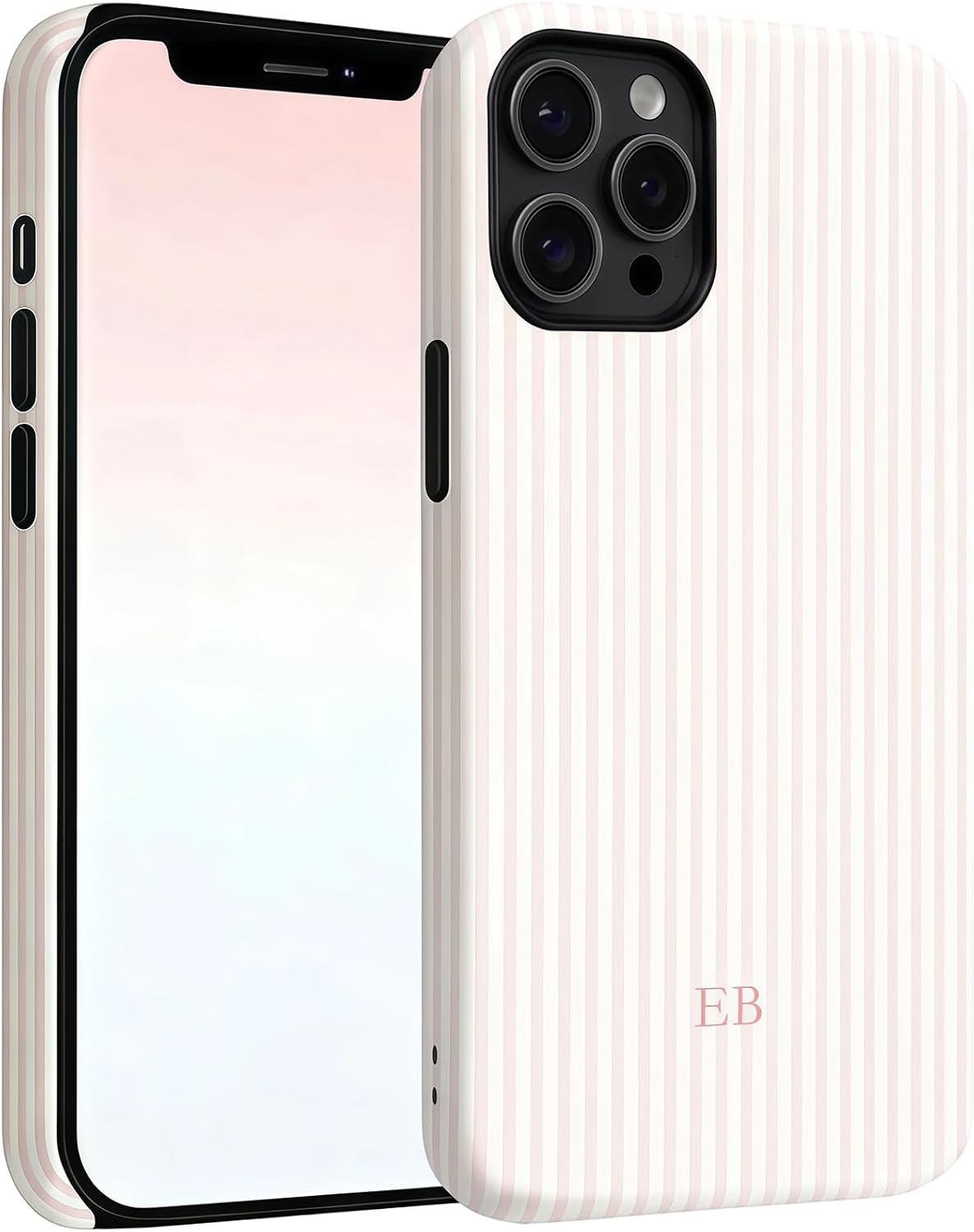 Aesthetic Summer Coastal Phone Case for iPhone 15 Plus, Personalized with Pink Stripes & Custom Monogram, Preppy Beachy Style Protective Cover, Pink Stripes