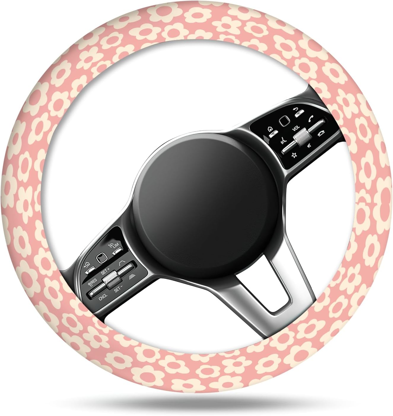 Car Steering Wheel Cover, Universal 15 Inch Non-Slip Breathable Neoprene Elastic Steering Wheel Protector, Cute Car Accessories for Women Men Fit Auto, Suvs Pink Flowers