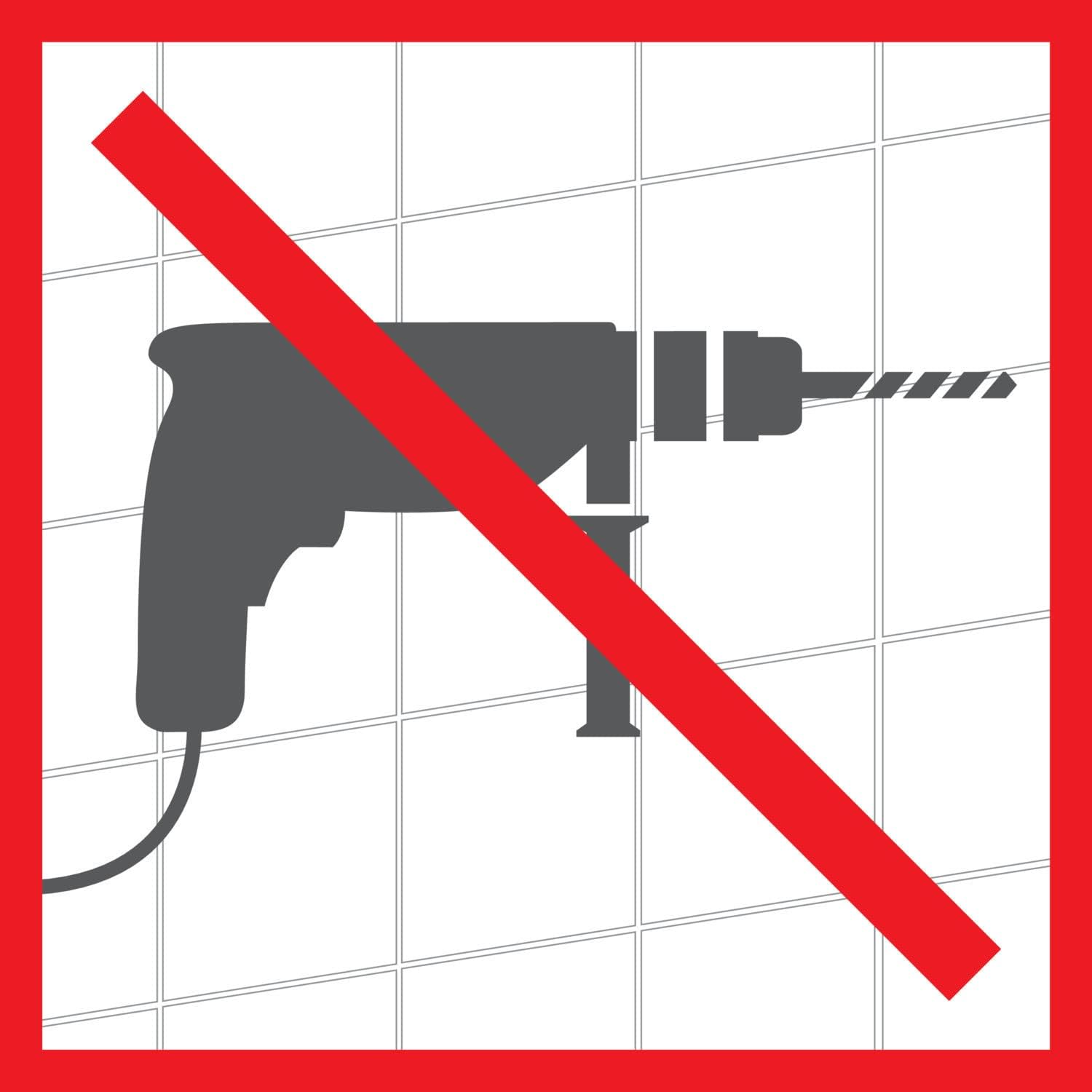 A red circle with a diagonal line through a drill, indicating that no drilling is required for installation.