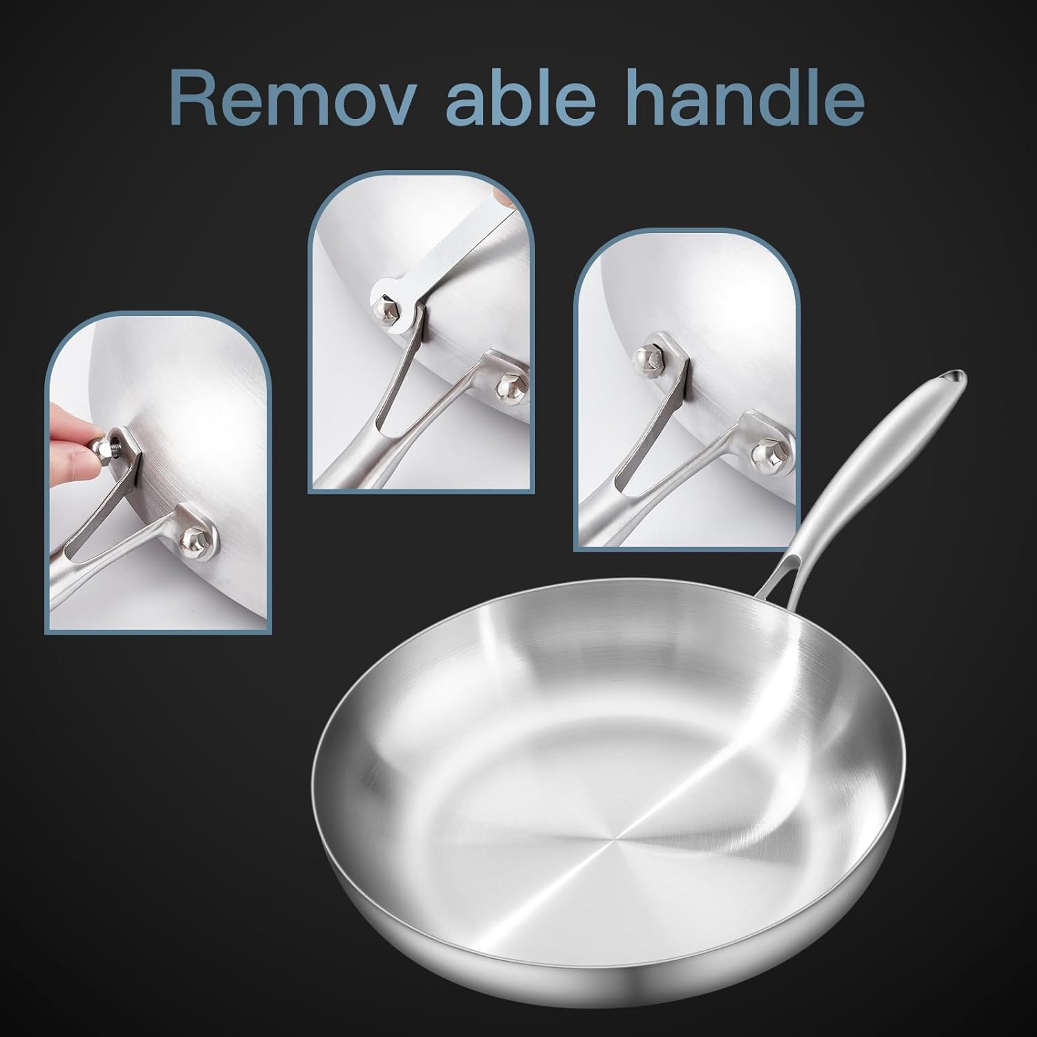 12" Stainless Steel Frying pan, 3-Ply Stainless Steel Pan, Induction, Oven Broiler Safe 600F Skillet, Professional Cookware, Silver，Suitable for All Stove (Detachable Handle)