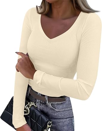 Womens Long Sleeve Tops Casual V Neck Ribbed Knit T-Shirt Slim Fitted Basic Tee Shirts 2026 Fall Trendy Clothes