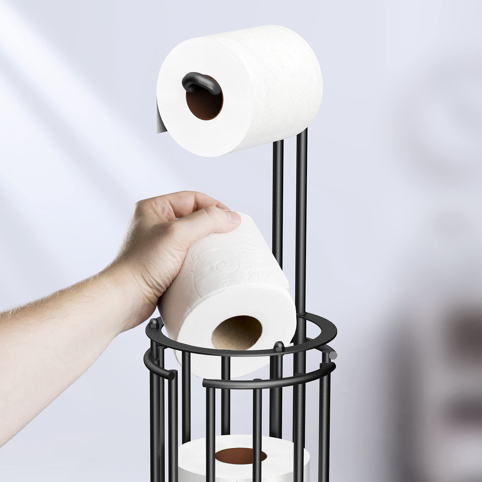 Meangood Supporto porta carta igienica e dispenser per rotoli di carta igienica per 4 rotoli mega, supporto per rotolo di carta igienica autoportante da bagno, rimovibile (nero)