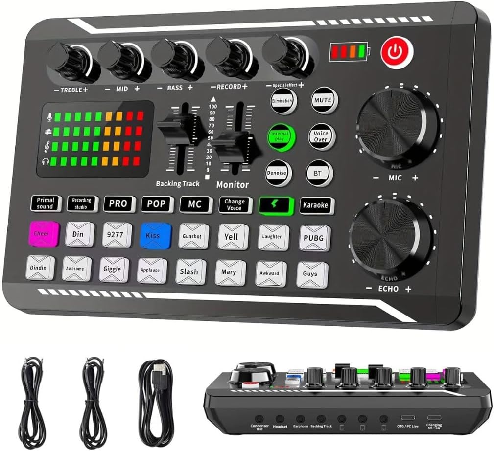F998 Live Sound Card offers DJ mixing and multiple sound effects, serving as an external audio mixer for podcasting, YouTube, TikTok, PC streaming, game recording, and mobile karaoke.