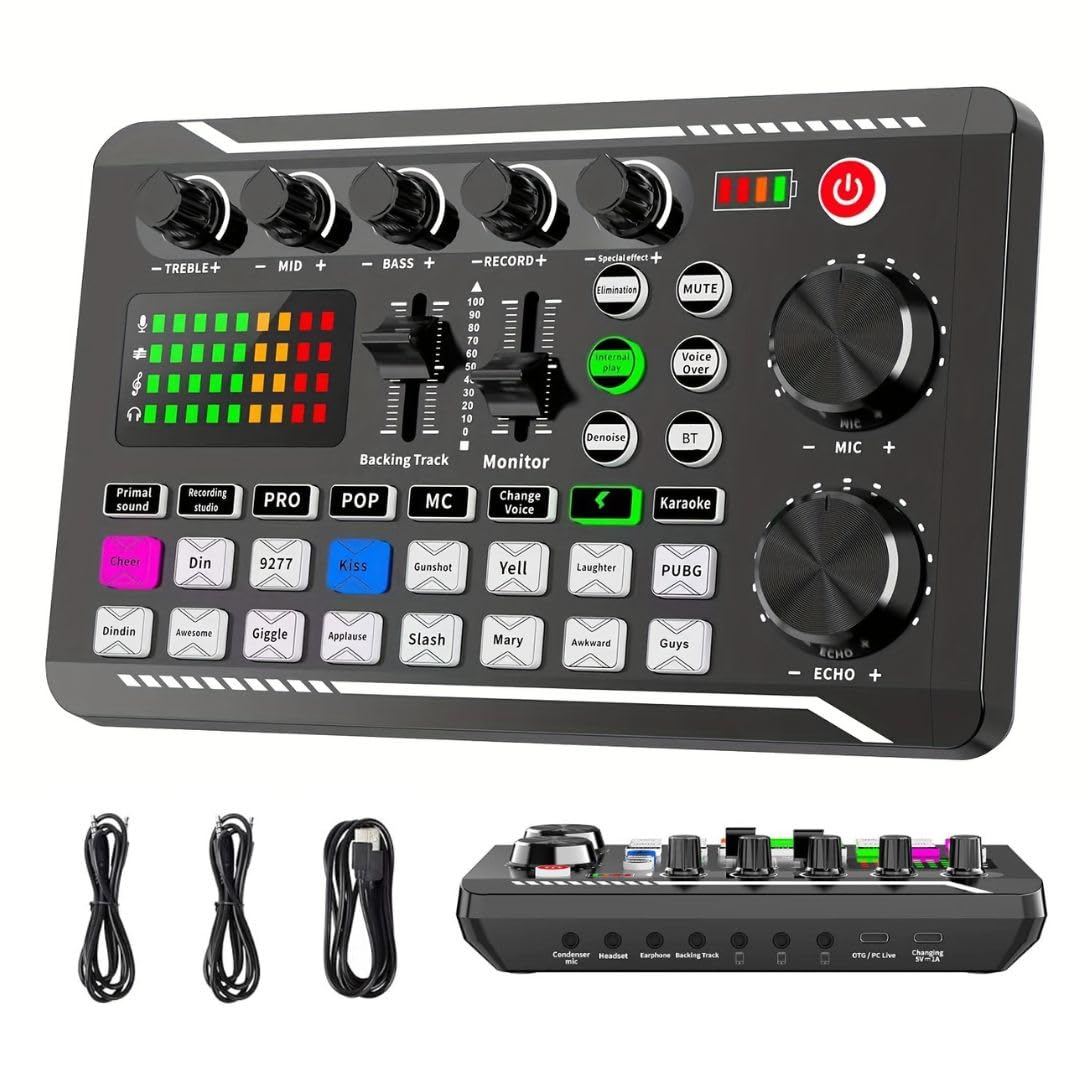 F998 Live Sound Card offers DJ mixing and multiple sound effects, serving as an external audio mixer for podcasting, YouTube, TikTok, PC streaming, game recording, and mobile karaoke.