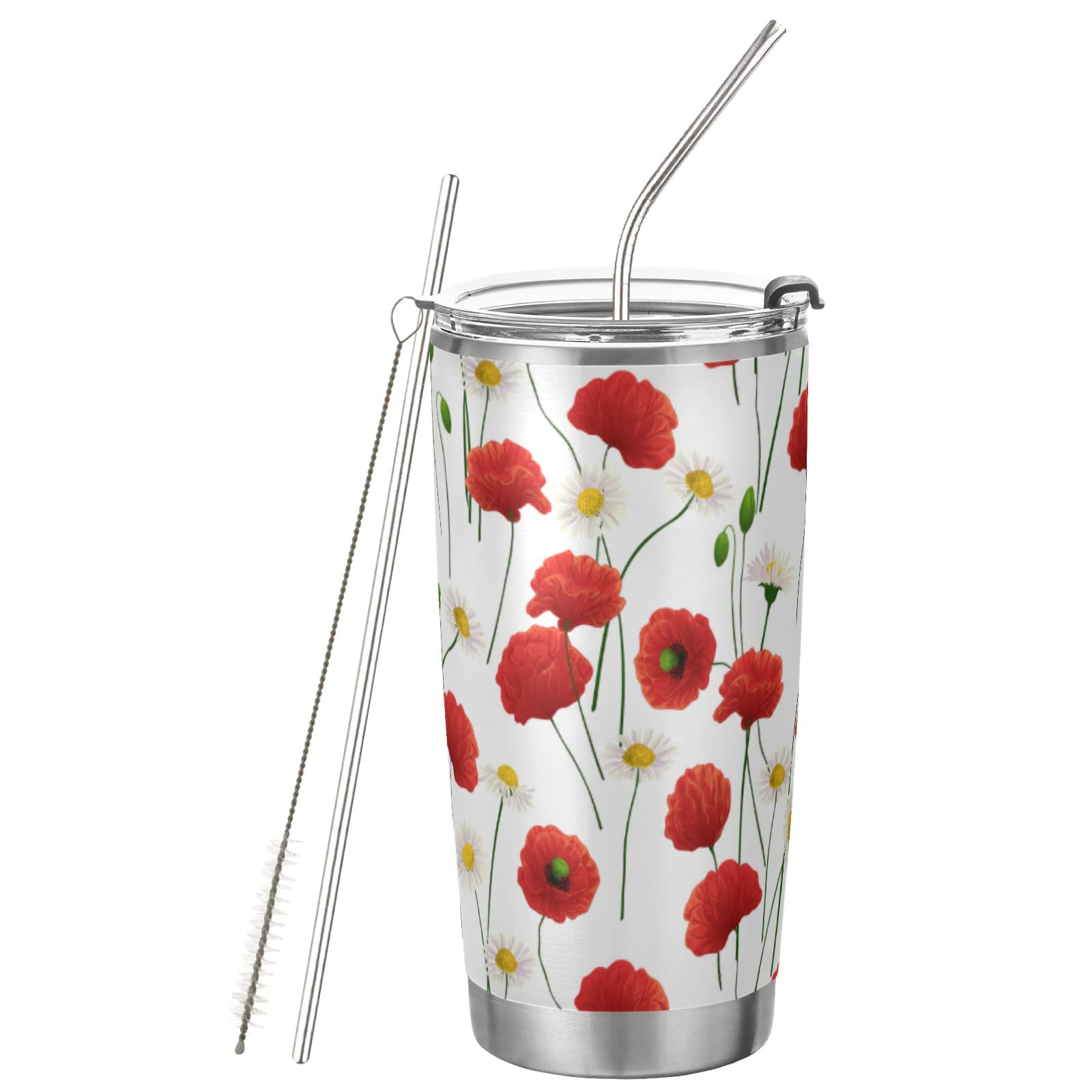 CaTaKu 20oz Red Poppy Flowers Tumbler Cup with Lid and Straw, Daisy Stainless Steel Insulated Water Bottles Double Wall Travel Coffee Mug Vacuum Cup for Car