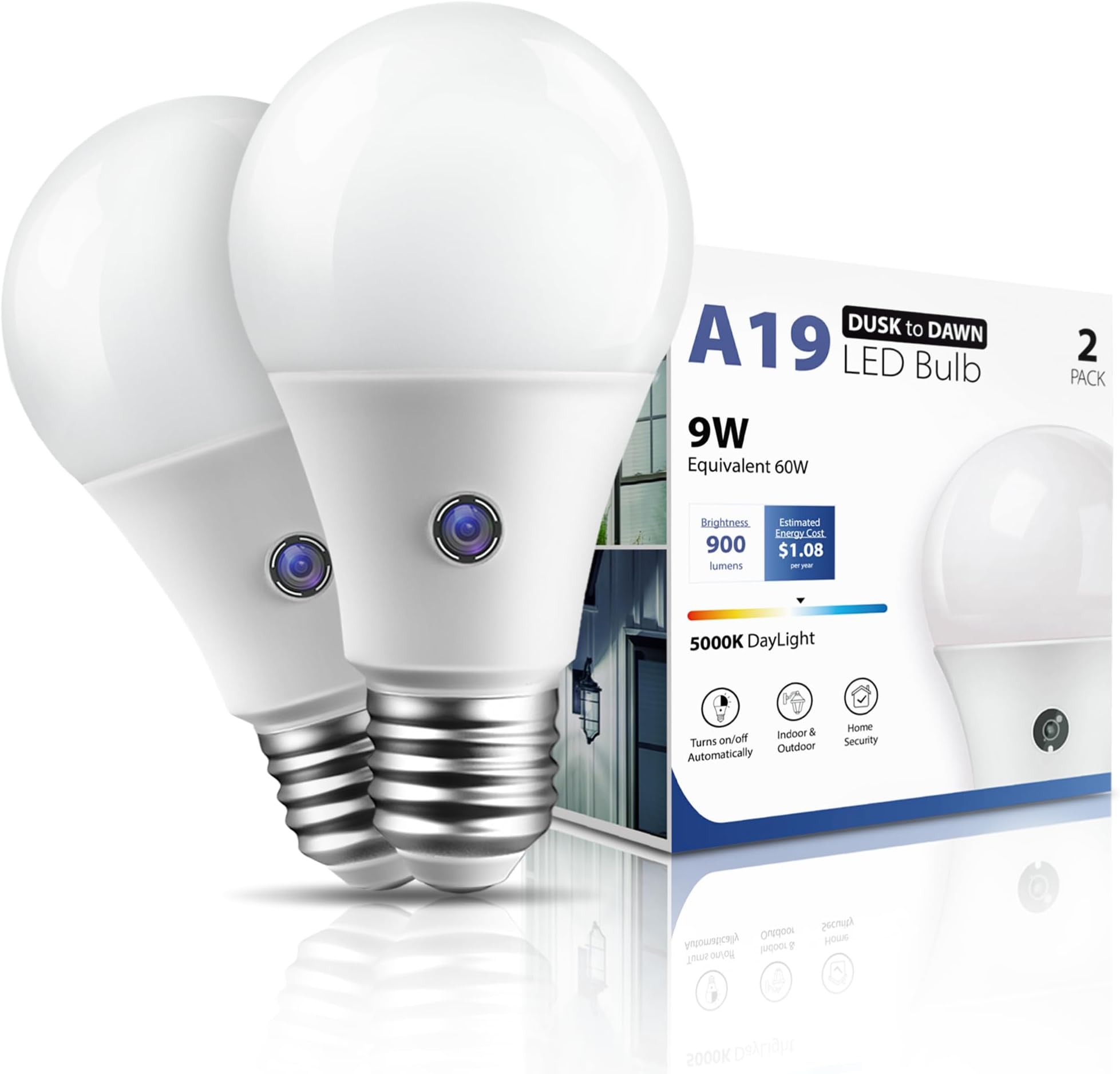Dusk to Dawn Outdoor Light Bulb, 60W Equivalent, Daylight 5000K, A19 Light Sensing Bulb, 9W LED Lightbulb with Sunlight Sensors, E26 Base, 900LM, Auto on/Off, 2 Pack
