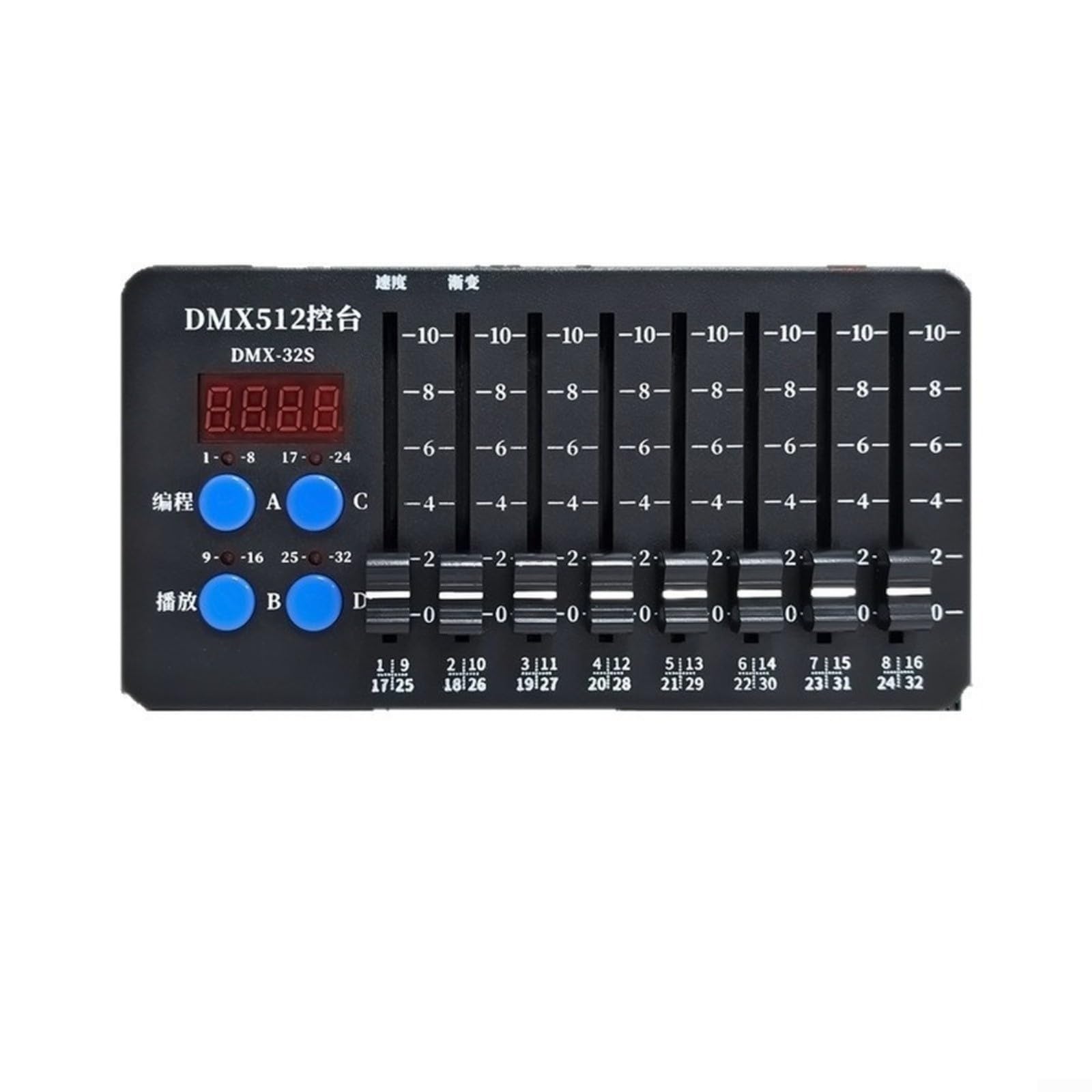 Controller DMX512 a 32 canali con funzione wireless, ricaricabile da 3000 mAh per batteria, controllo della luce programmabile per palcoscenico DJ, 8 fader, display LED, nero, compatto per spettacoli