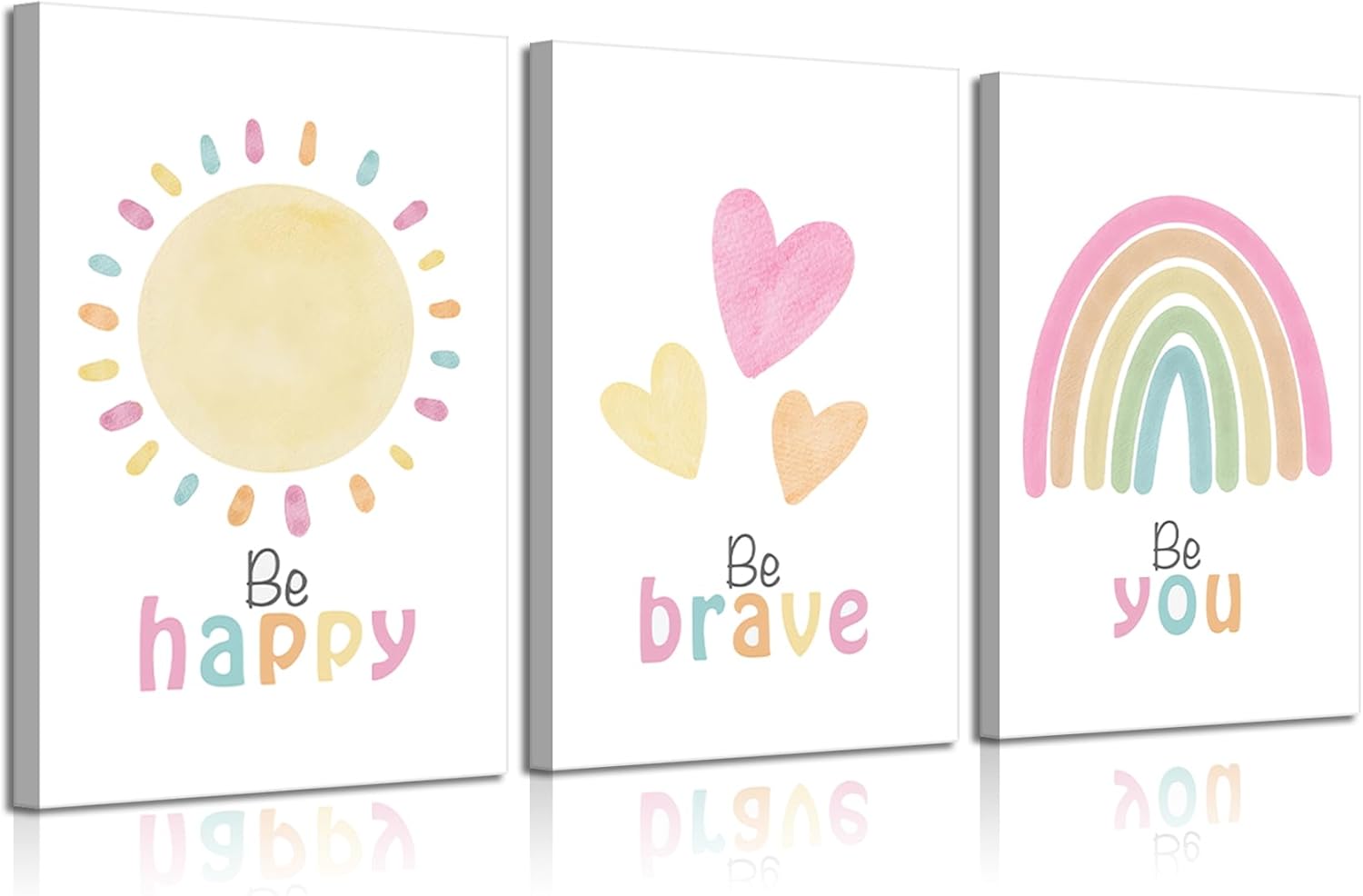 NMT 3Pcs Rainbow Nursery Canvas Wall Art Be Happy Be Brave Be You Posters Positive Quotes Boho Kids Room Wall Decor Pictures for Boy Girl Bedroom Classroom Playroom Decoration, 16x24in Rainbow 16x24in canvas