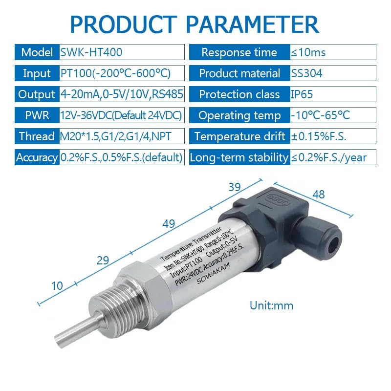 Transmetteur PT100 module sonde de température Hussman sortie 0-5V filet M20 et plongeur 100mm - 3