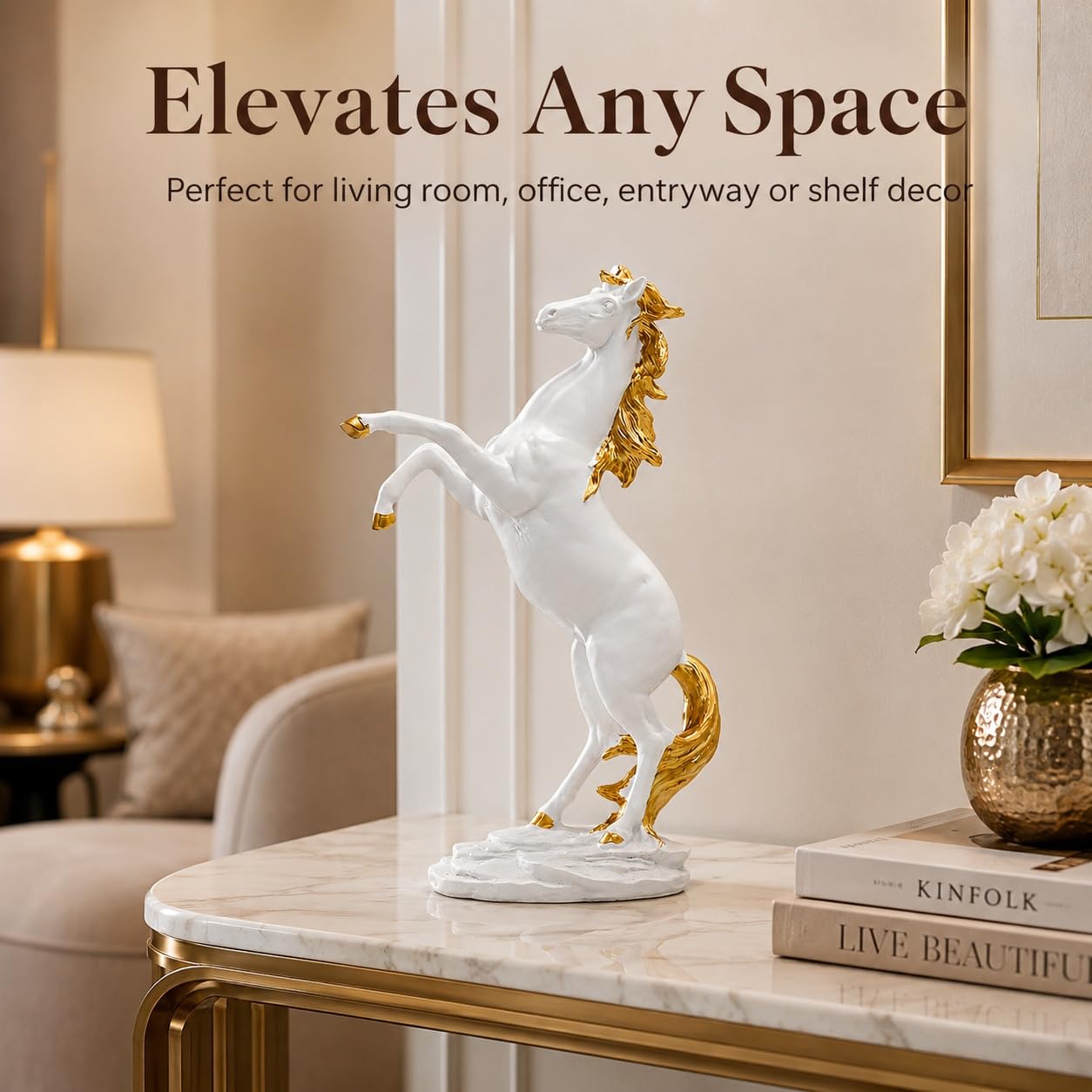 Estatua de Caballo Decorativa de Resina, Escultura Ecuestre Artística, Figura de Animal para Sala Oficina Repisa Chimenea Mesa, Decoración de Interiores y Colección,Blanca