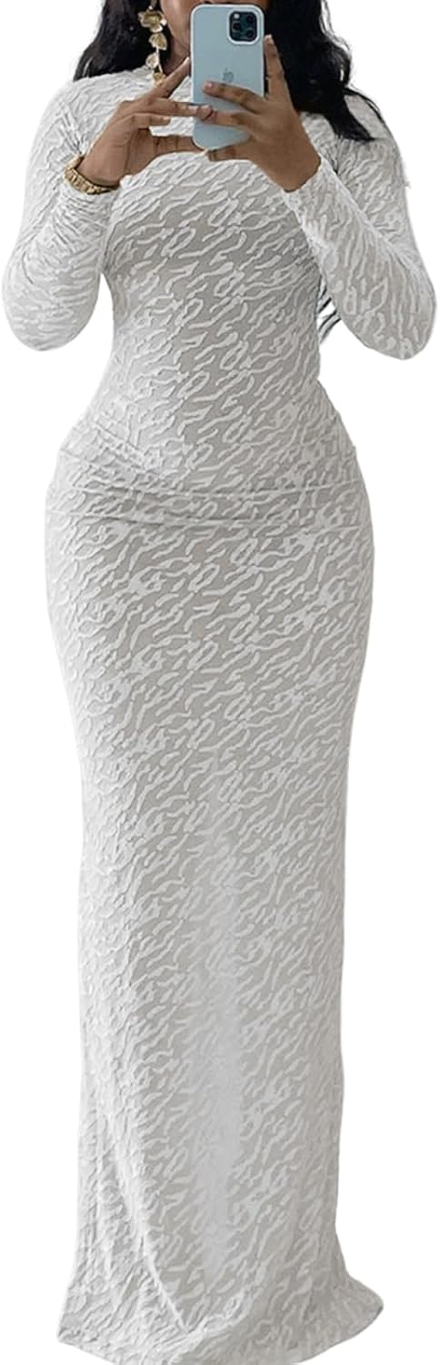 Uni Clau Long Sleeve Bodycon Maxi Dress for Women Elegant Crew Neck Textured Slim Fit Fall Party Dresses