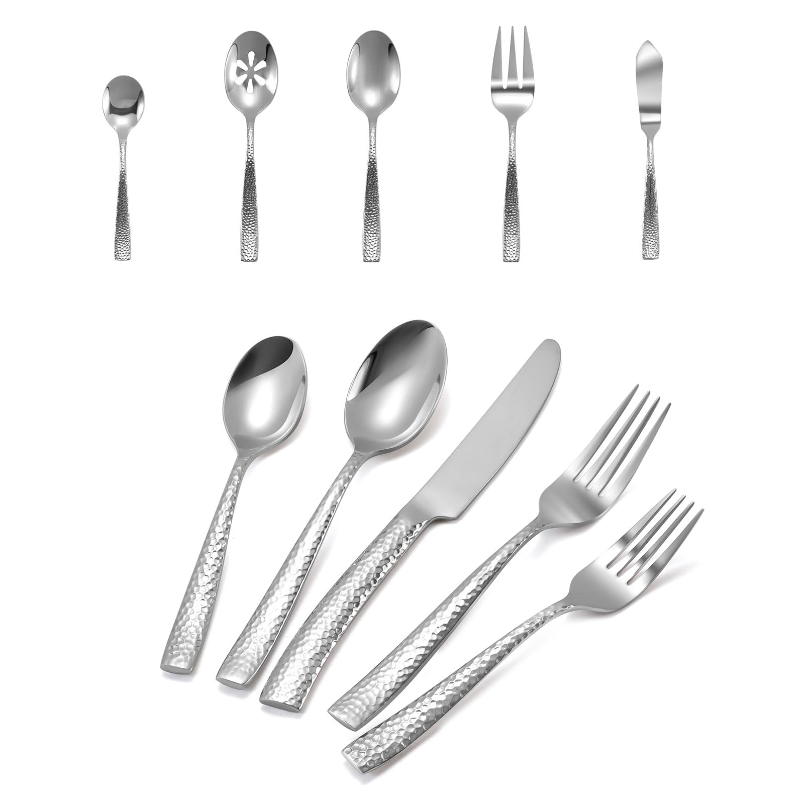 Flatasy Flatware Set Silver Hammered 45 Pieces Stainless Steel Cutlery Set Silverware Serving Set Home Event Use Wedding Housewarming Gift