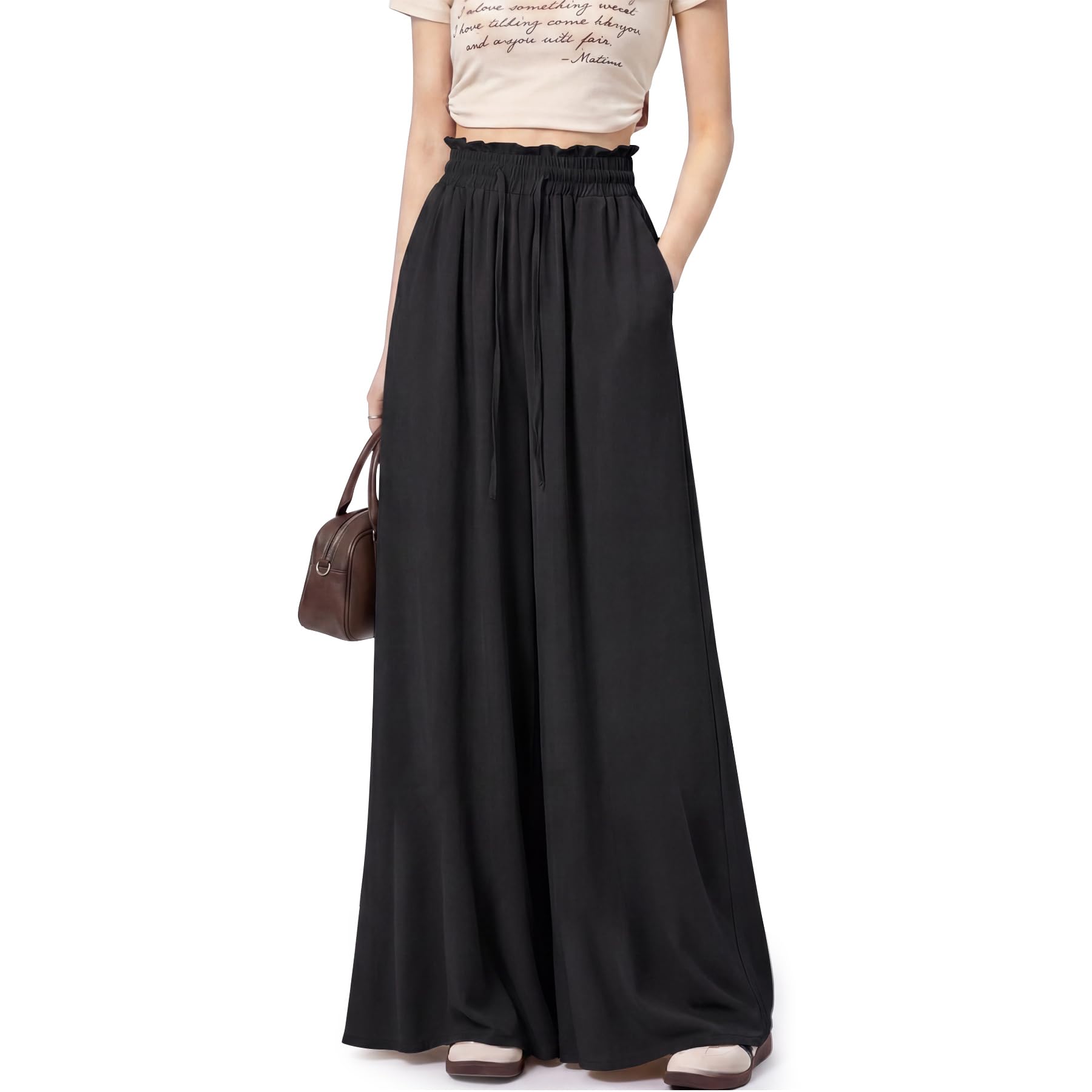 Spesh Pantalon à jambes larges pour femme, taille haute élastique, pantalon d'été ample pour femme, pantalon décontracté avec poches