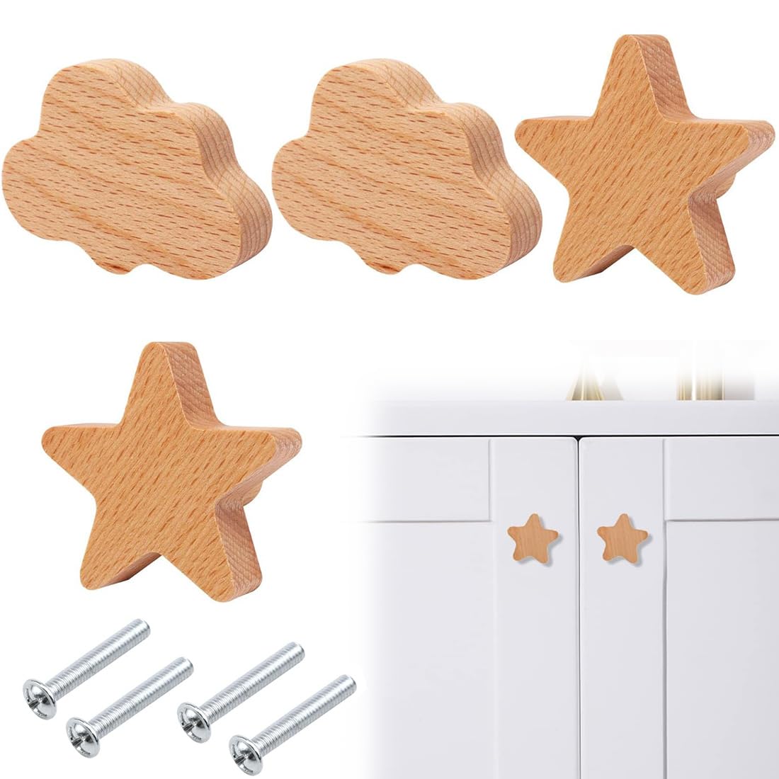 4 Pomelli per Porte Bambini, Cassetti Guardaroba Camerette. Con Nuvole e Stelle. Set da 4.