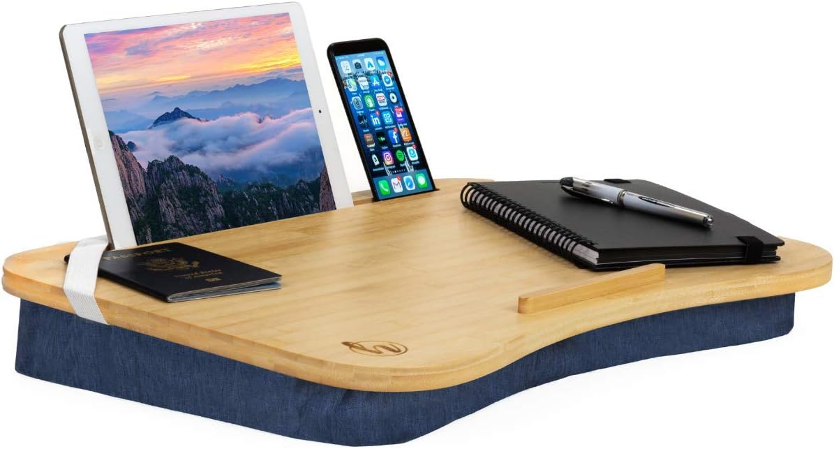 Home Office Lap Desk - Natural Bamboo -Fits 17" Laptops- Ipad Stand, Phone, Tablet Holder - Reading Pillow, Couch Bed Tray Table - College Dorm Room Essentials for Boys and Girls