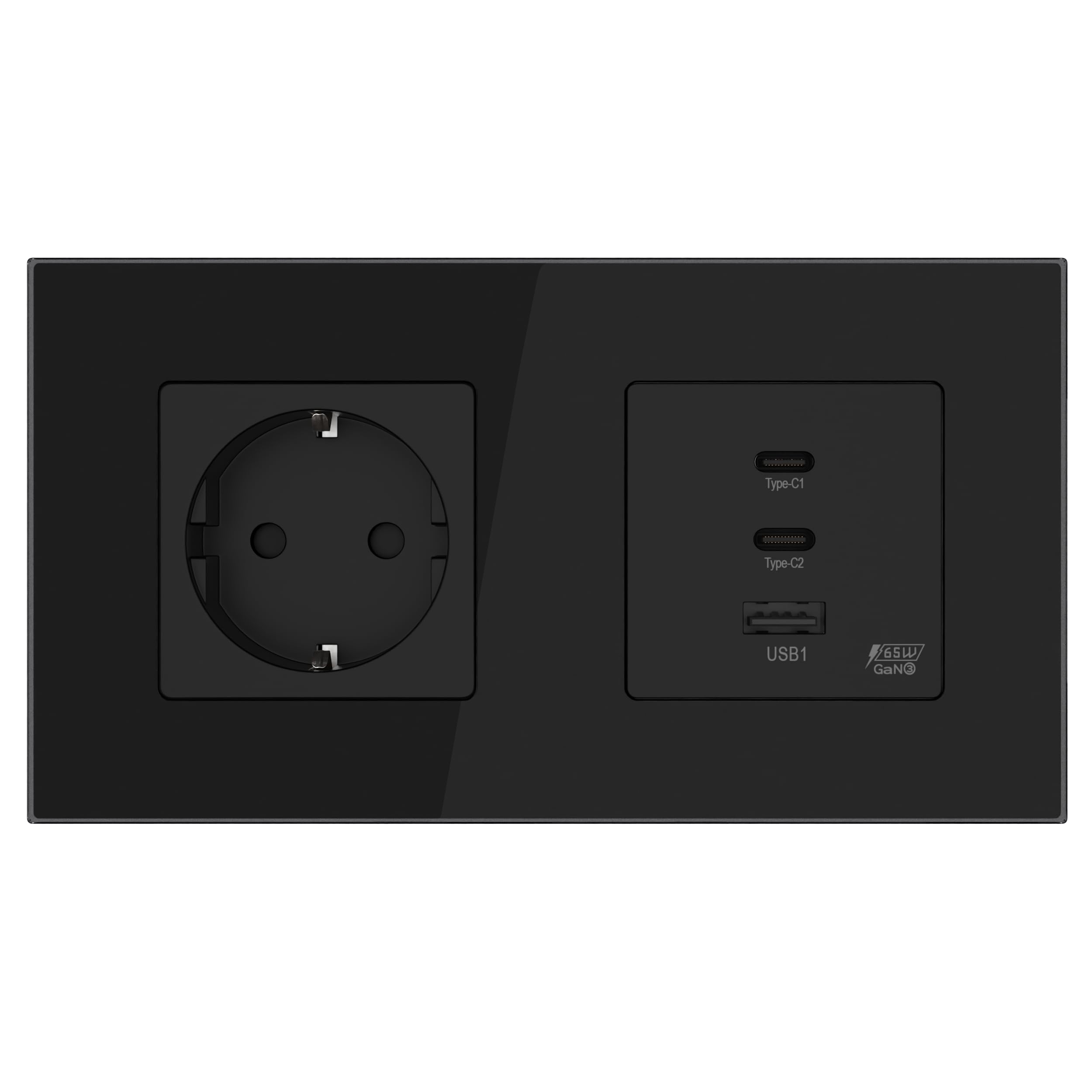 PULSAR Steckdose GaN PD 65W Schnellladen 2x USB-С 1 x USB-A mit Wandsteckdose Glas Schwarz Unterputz 157x86mm Kompatibel mit iPhone, Samsung, Laptop