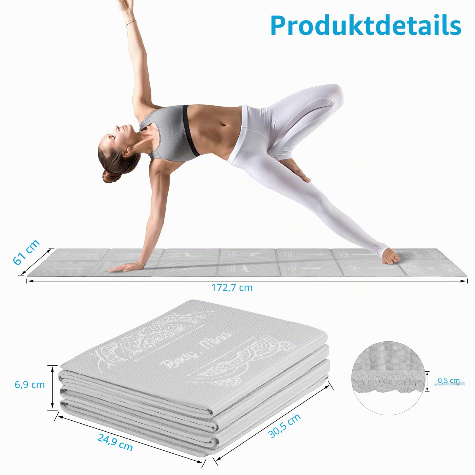 Faltbare Yogamatte für Frauen, rutschfeste Übungsmatte für Home Gym, Reise Yoga Set mit Stretch Strap für Yoga Pilates und Fitness, 173 x 61cmx 5mm dick