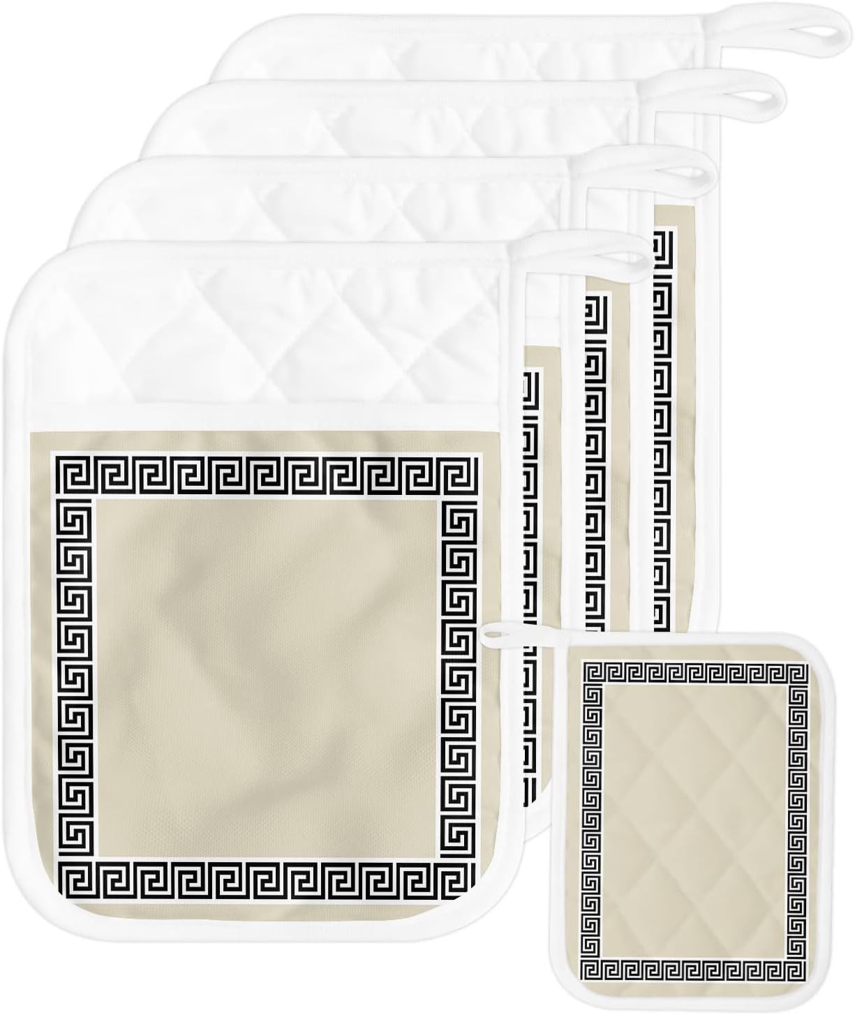 Pot Holders with Pockets, Heat-Resistant Hot Pads for Kitchen, Simple Chinese Pattern Khaki Oven Mitts Pot Holders Sets Potholders for Baking Cooking Pack of 5