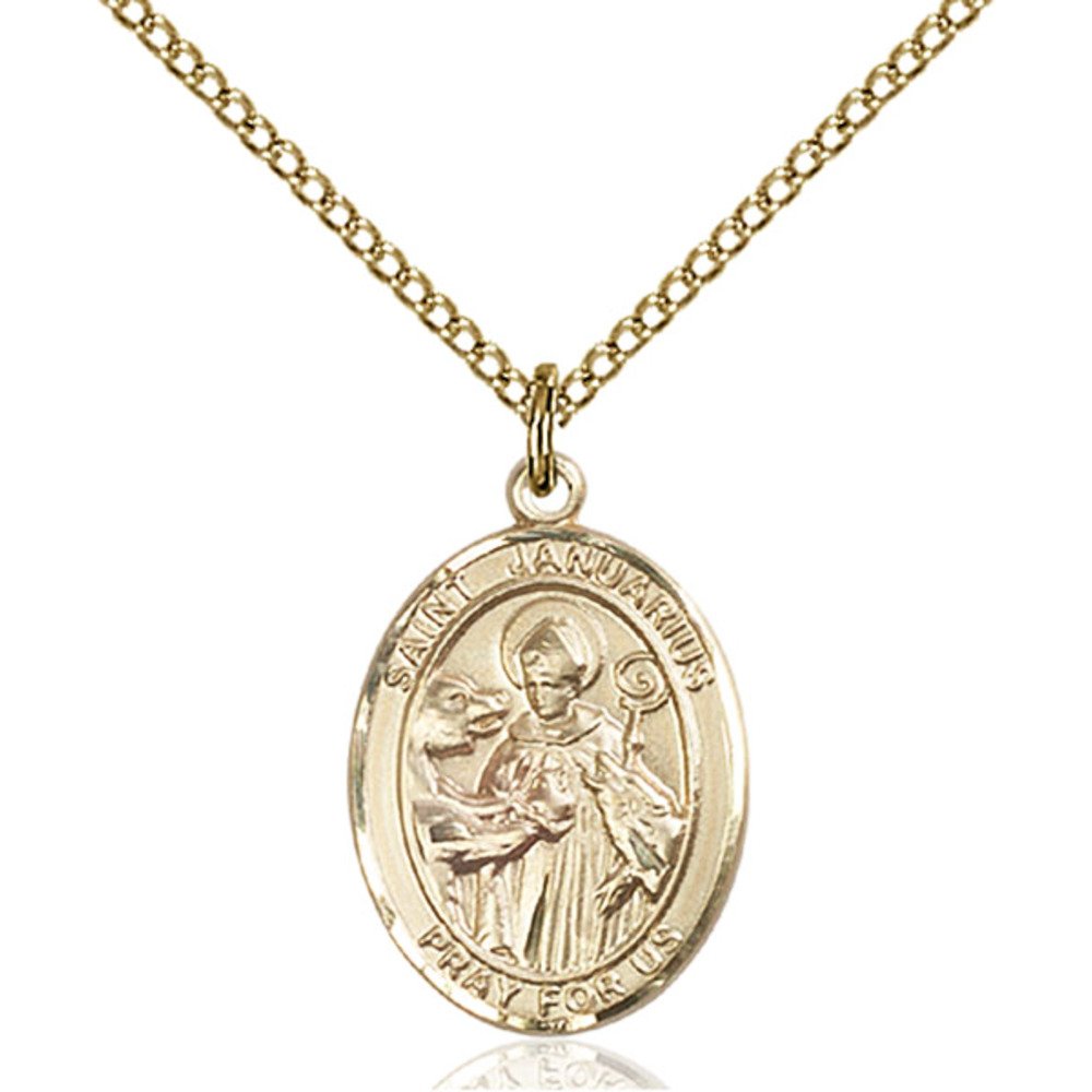 Bonyak Jewelry Saint Medal Collection Custom Engraved Gold Filled St. Januarius Pendant 3/4 x 1/2 inches with Gold Filled Lite Curb Chain