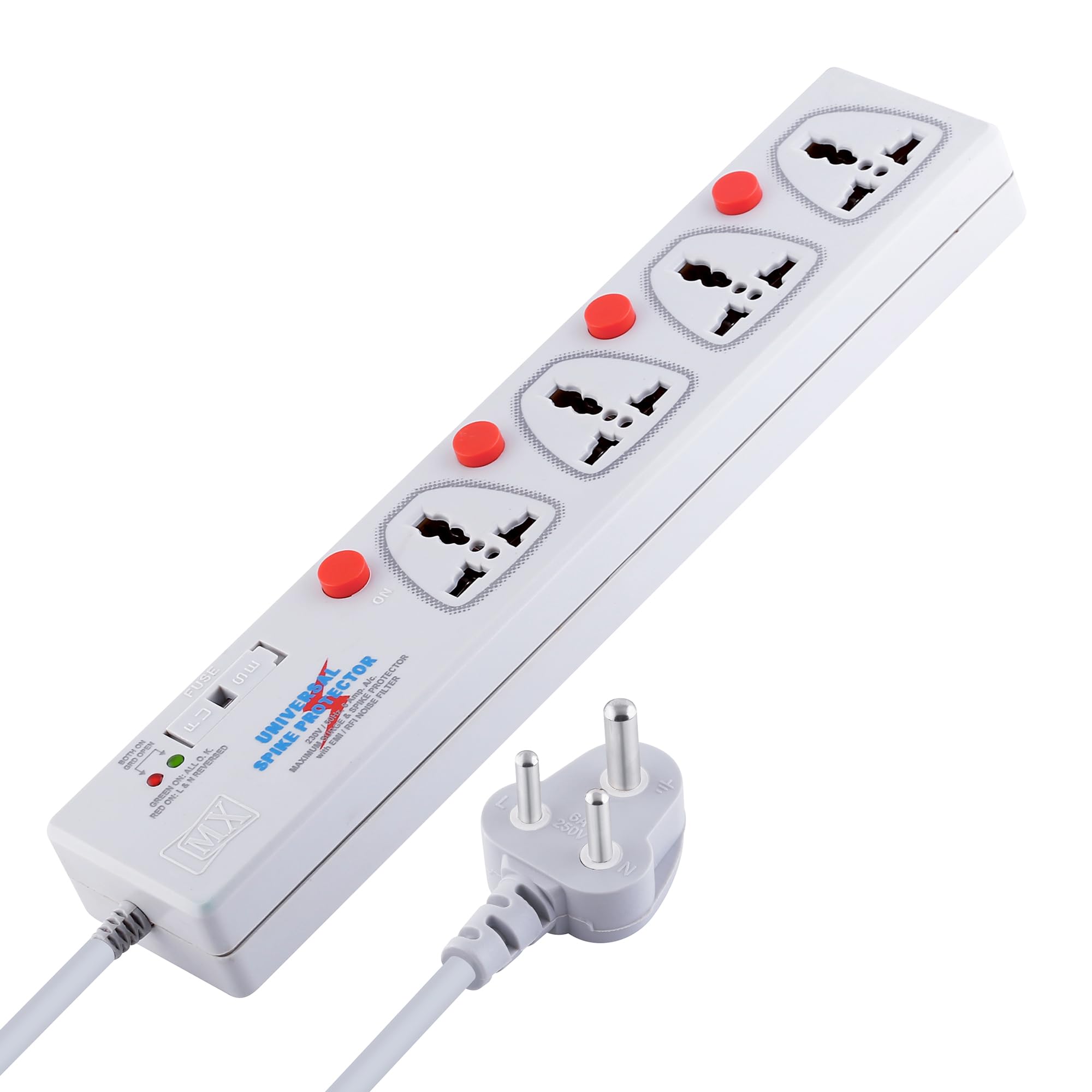 MX Spike Protector Extension Board, 4 Universal Sockets, 10 m Extension Cord, Surge & Spike Guard, Master Switch, 250 V/10 A, Input Fuse – Safe Home Power Strip-picture-11