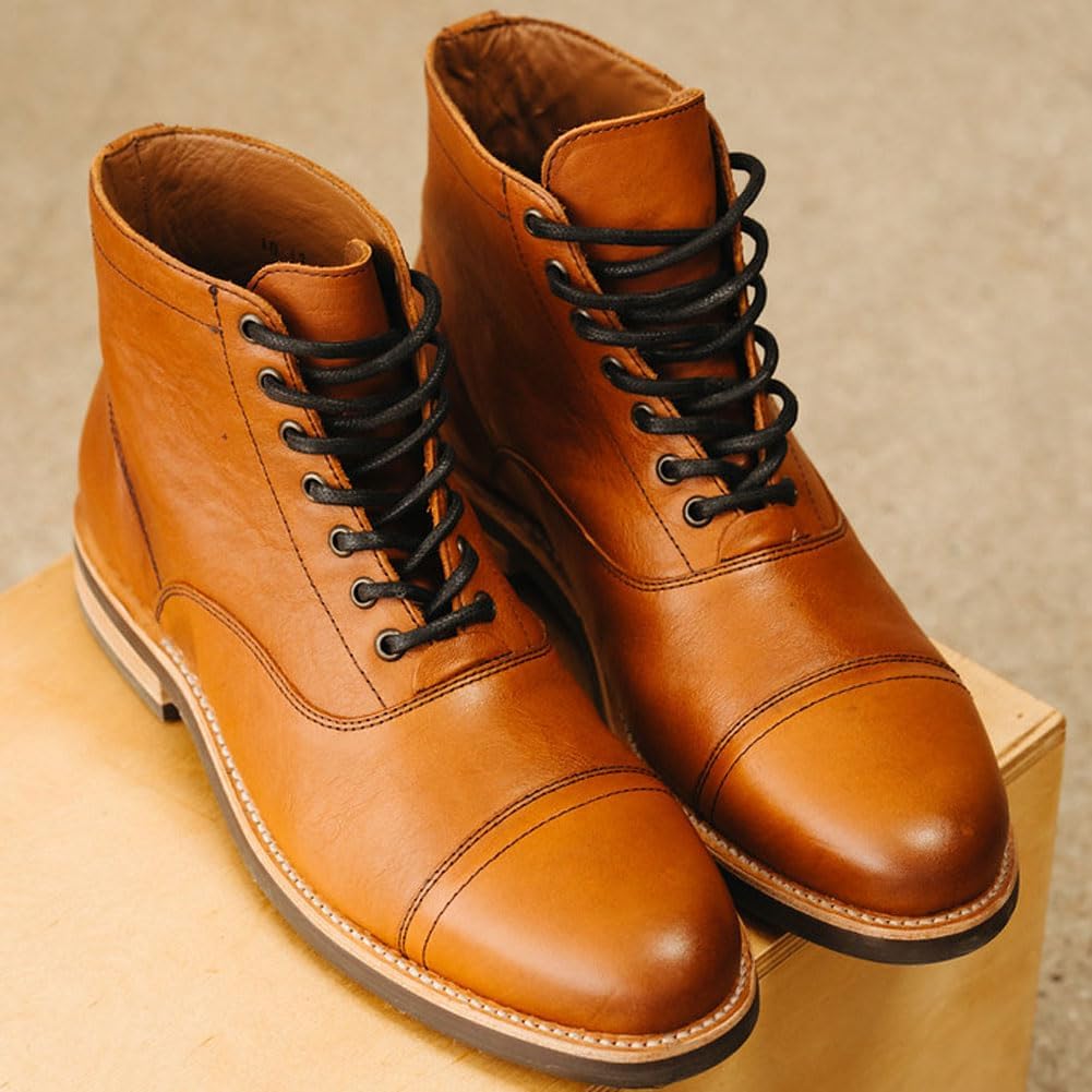 Andres Handcrafted The Commander Cap Toe Boot - Men's Goodyear Welt Lace-Up Leather Boots, 100% Full Grain Veg Tanned Leather, Resoleable, D Width