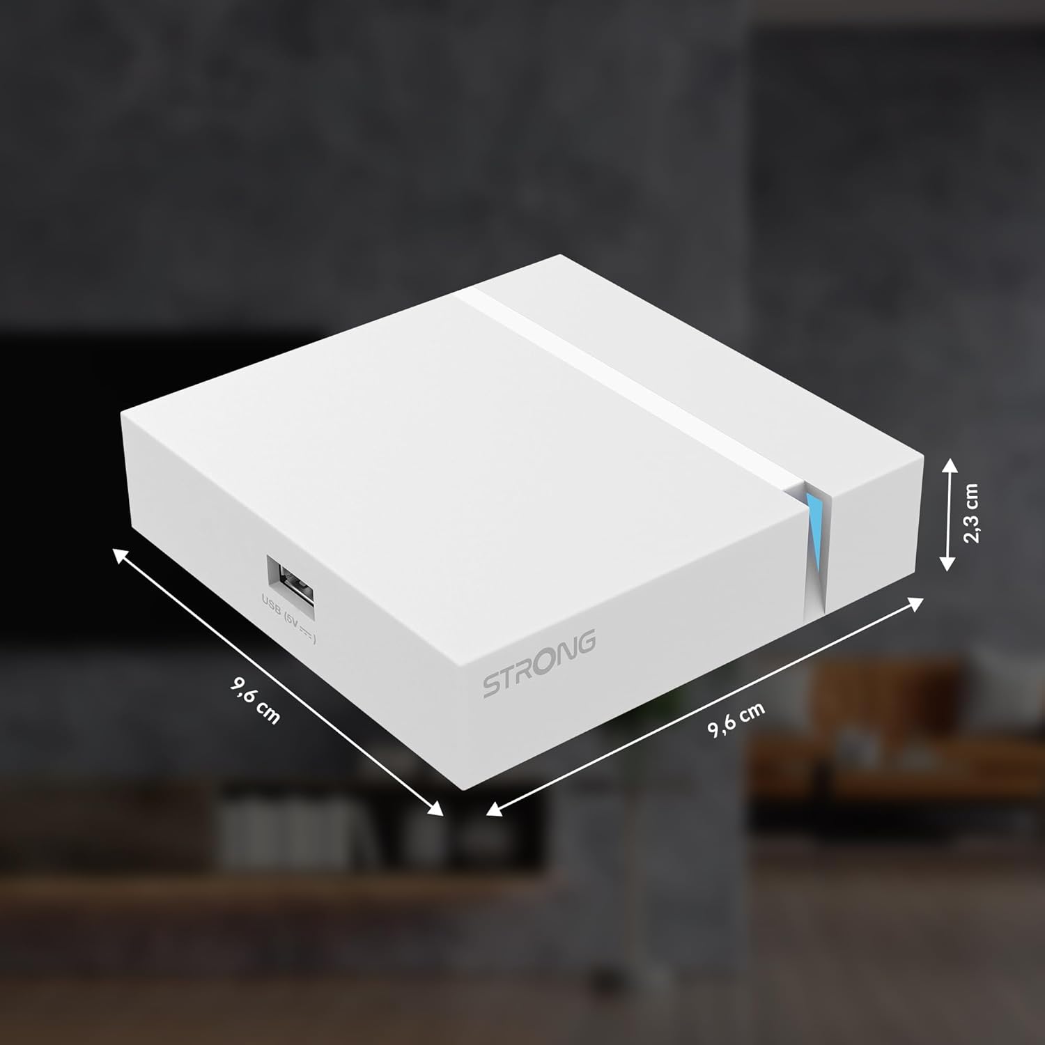 Dimensions of the STRONG Leap-S3+ Android TV Box: 9.6 cm by 9.6 cm by 2.3 cm