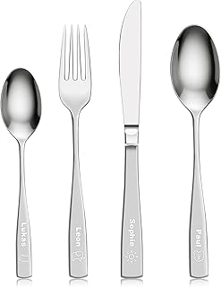 Personalisiert Edelstahl Besteck mit Gravur, Individuell Essbesteck mit Namen/Muster als Geschenk für Erwachsene Kinder, Spülmaschinenfeste, 1x Messer Gabel Löffel Teelöffel (4er-Set)