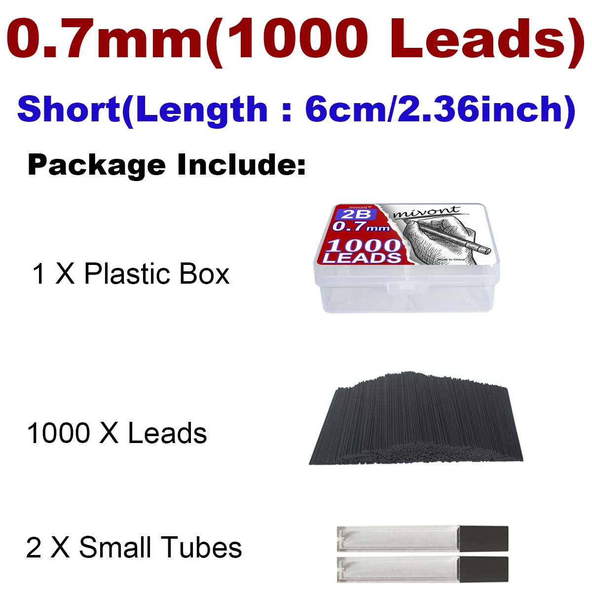 mivont 1000 Pieces 0.7 mm 2B Lead Refills Medium Thickness Break Resistant Lead Graphite (0.7mm Short 6cm) - Image 2
