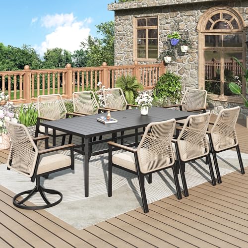 Image of MIXPATIO 9 Pieces Outdoor Patio Dining Set, Rectangular Metal Patio Table with Umbrella Hole, 2 Swivel and 6 Fixed Chairs with 3.2 inch Cushion for Yard, Porch, Beige