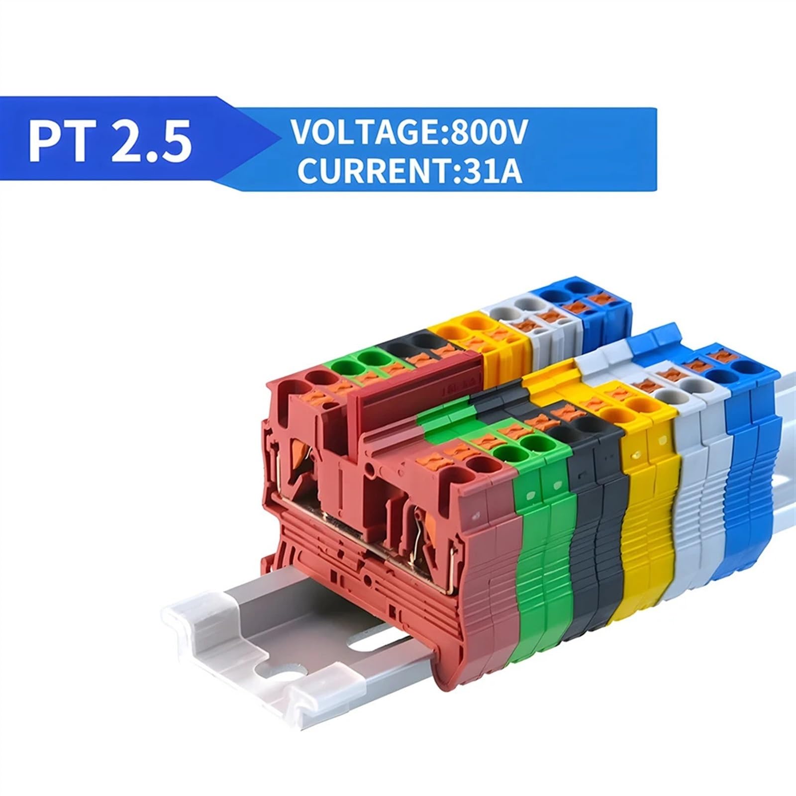 10Pcs Din Rail Terminal Block PT-2.5 Push in Terminal Connector Spring Screwless Electrical Wire Conductor Terminal Block PT2.5(Green)
