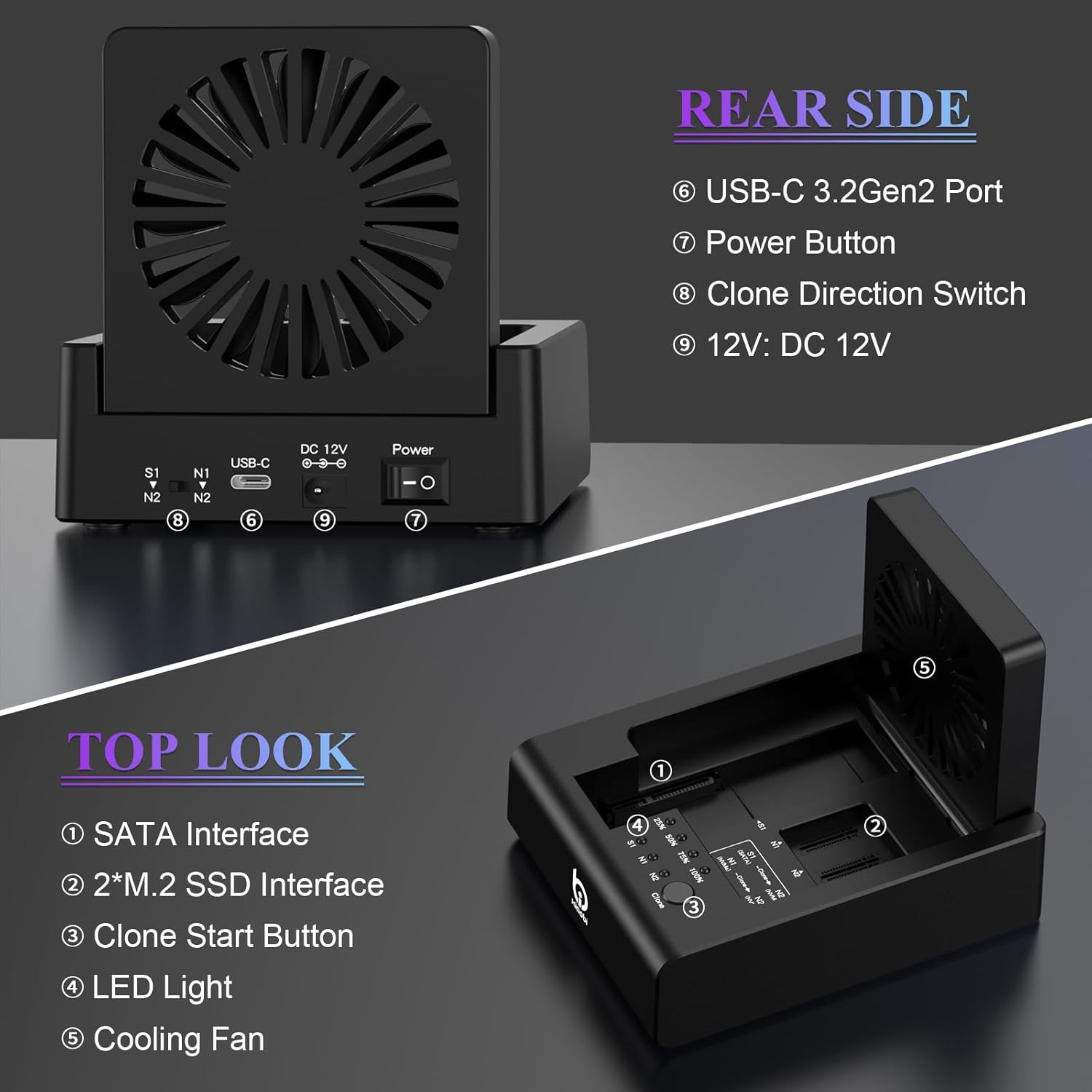 M.2 NVMe & SATA Hard Drive Docking Station, USB C 10Gbps Hard Drive cloner for M.2 PCIe NVMe + SATA 2.5”/3.5” HDD Converter, Offline Cloning, Tool-Free, Cooling Fan - Image 2