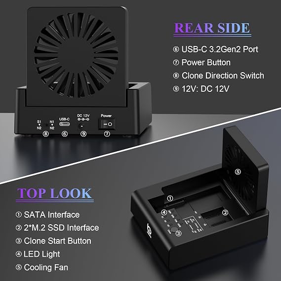 M.2 NVMe & SATA Hard Drive Docking Station, USB C 10Gbps Hard Drive cloner for M.2 PCIe NVMe + SATA 2.5/3.5 HDD Converter, Offline Cloning, Tool-Free, Cooling Fan