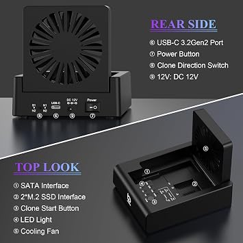 M.2 NVMe & SATA Hard Drive Docking Station, USB C 10Gbps Hard Drive cloner for M.2 PCIe NVMe + SATA 2.5/3.5 HDD Converter, Offline Cloning, Tool-Free, Cooling Fan