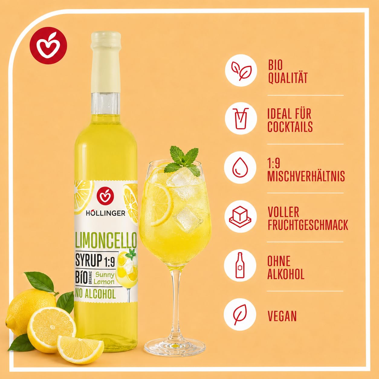 Höllinger Bio Cocktail Party Mixbox alkoholfrei, 6 Sorten Sirup in Glasflaschen, Mojito, Aperitivo, Limoncello, Bellini, Berry Royale & Strawberry Daiquiri, vegan, 6 x 0,5 l