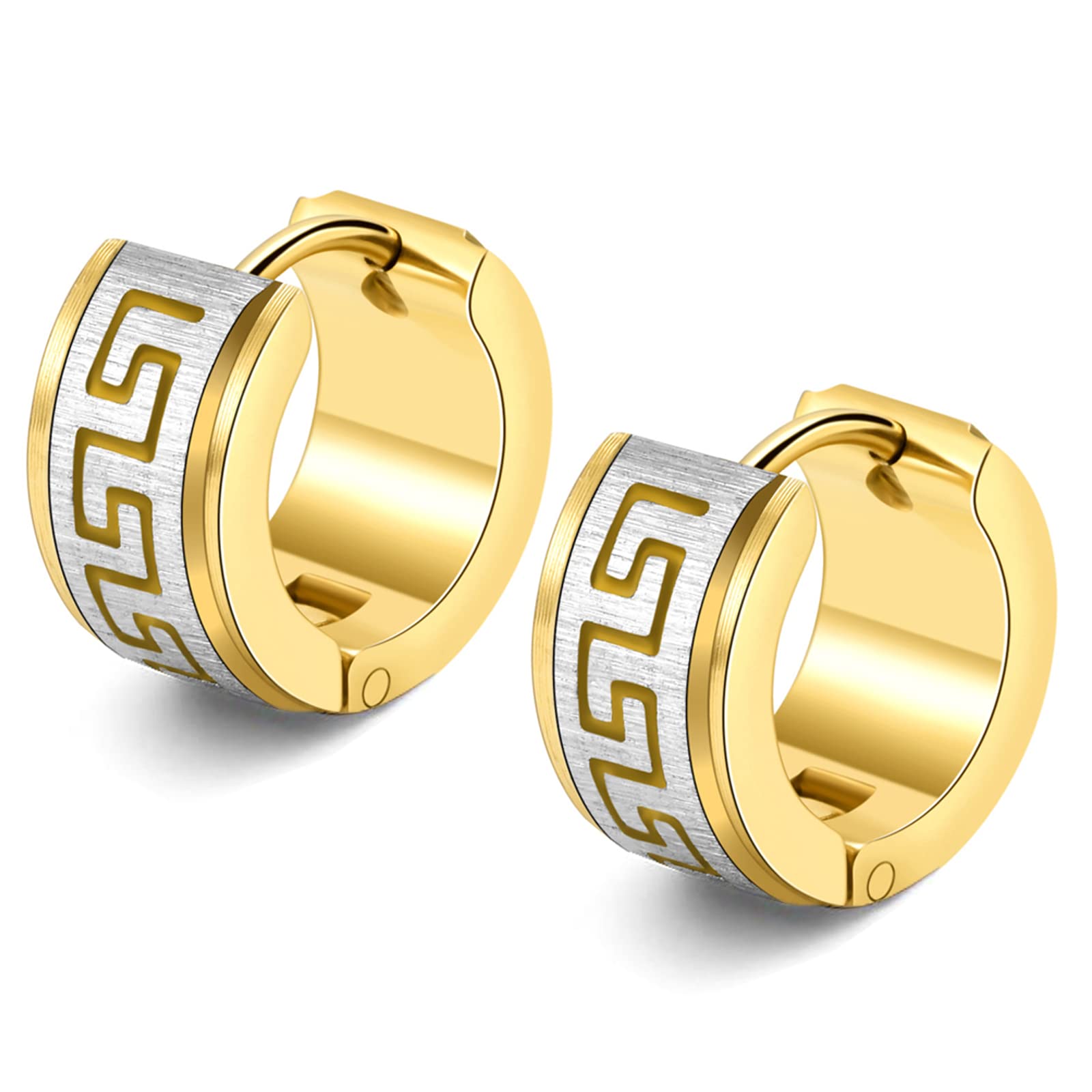 YZstyle Stainless Steel Hoop Earrings for Men Women Huggie Earrings Unique Greek Key 1-2 Pairs