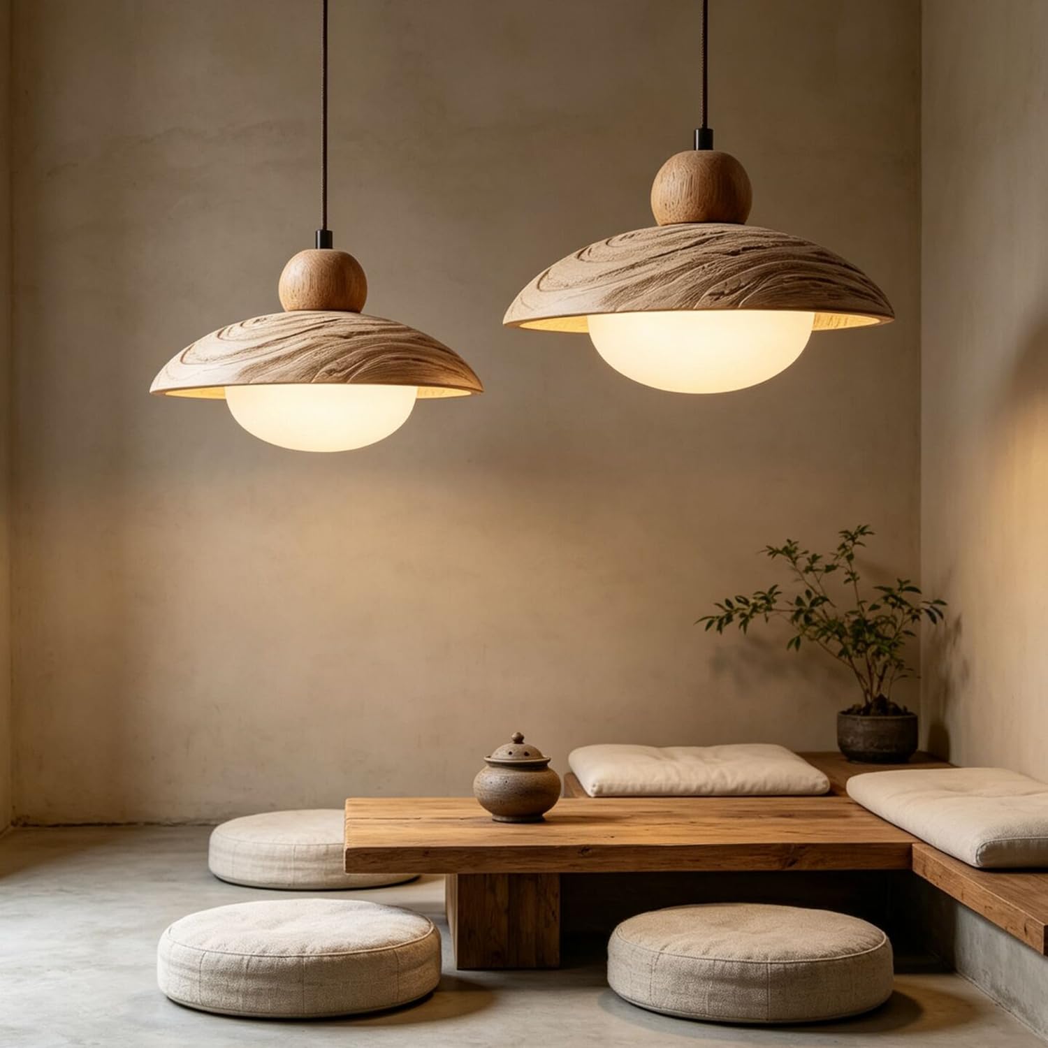 Lampada a sospensione in cemento artistico a in legno