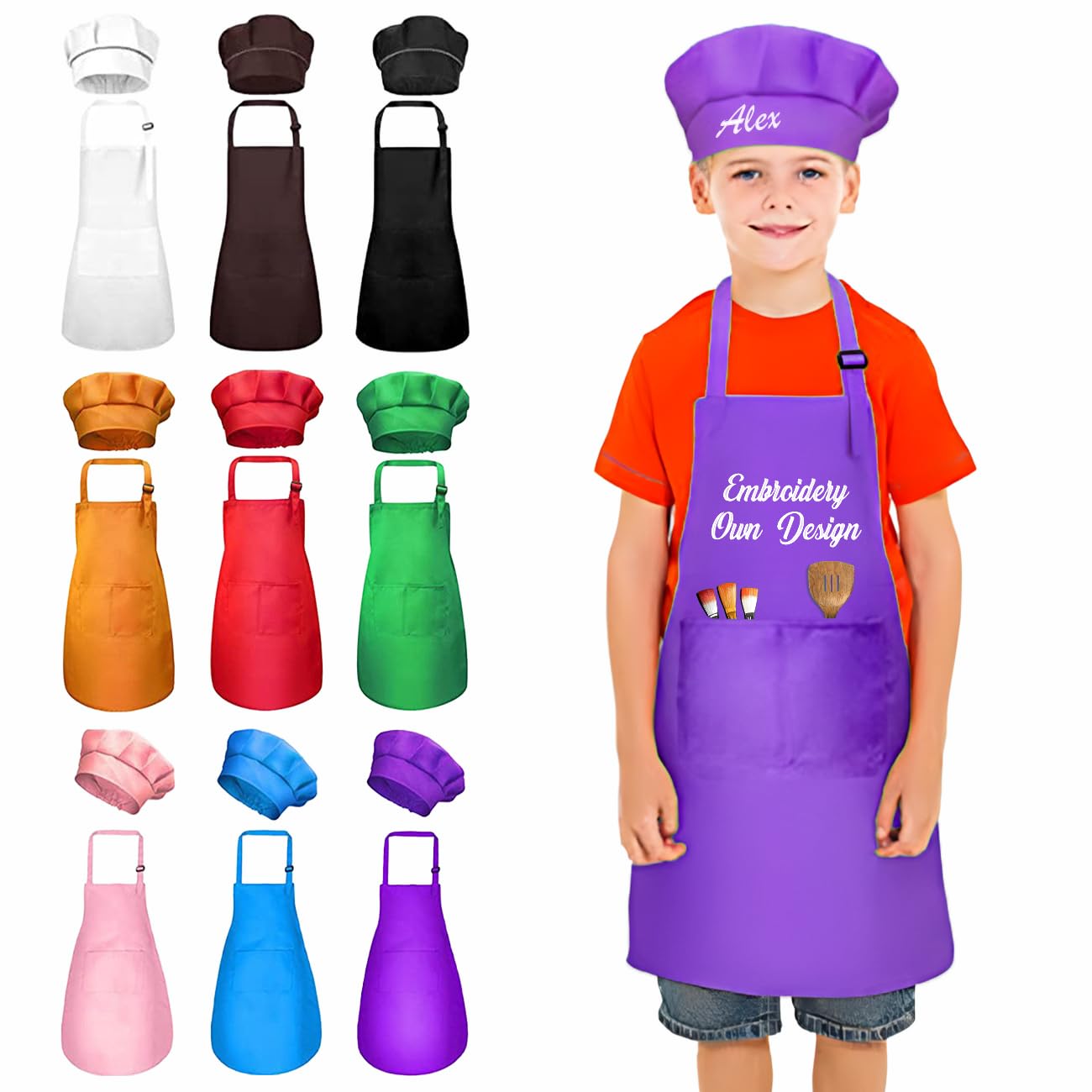 Colifolu Personalised Kids Apron with Embroidered Name,Customisable Cooking Baking Role Play Chef Hat for Children & Adults (Purple)