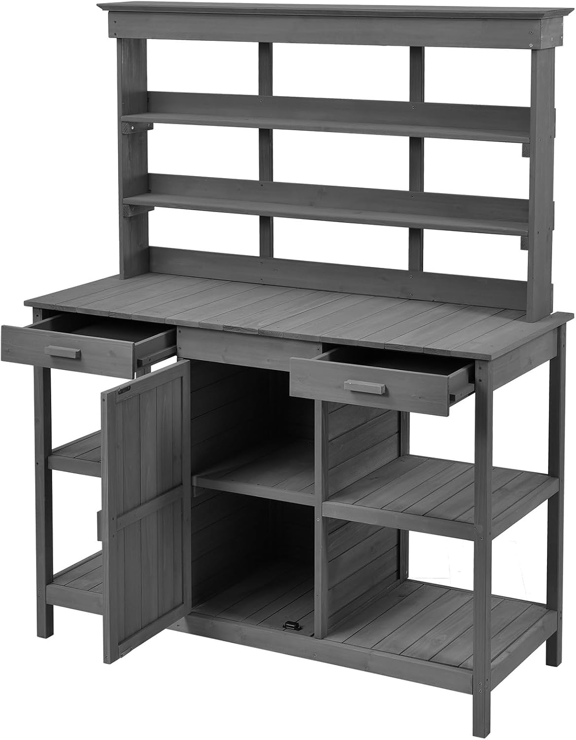 66" Large Wooden Farmhouse Rustic Outdoor Potting Bench Table, Fir Wood Garden Workstation with 4-Tier Storage, 2 Drawers & Cabinet, Potting Table with Anti-Falling Nails for Outdoor Plants Soil Tools