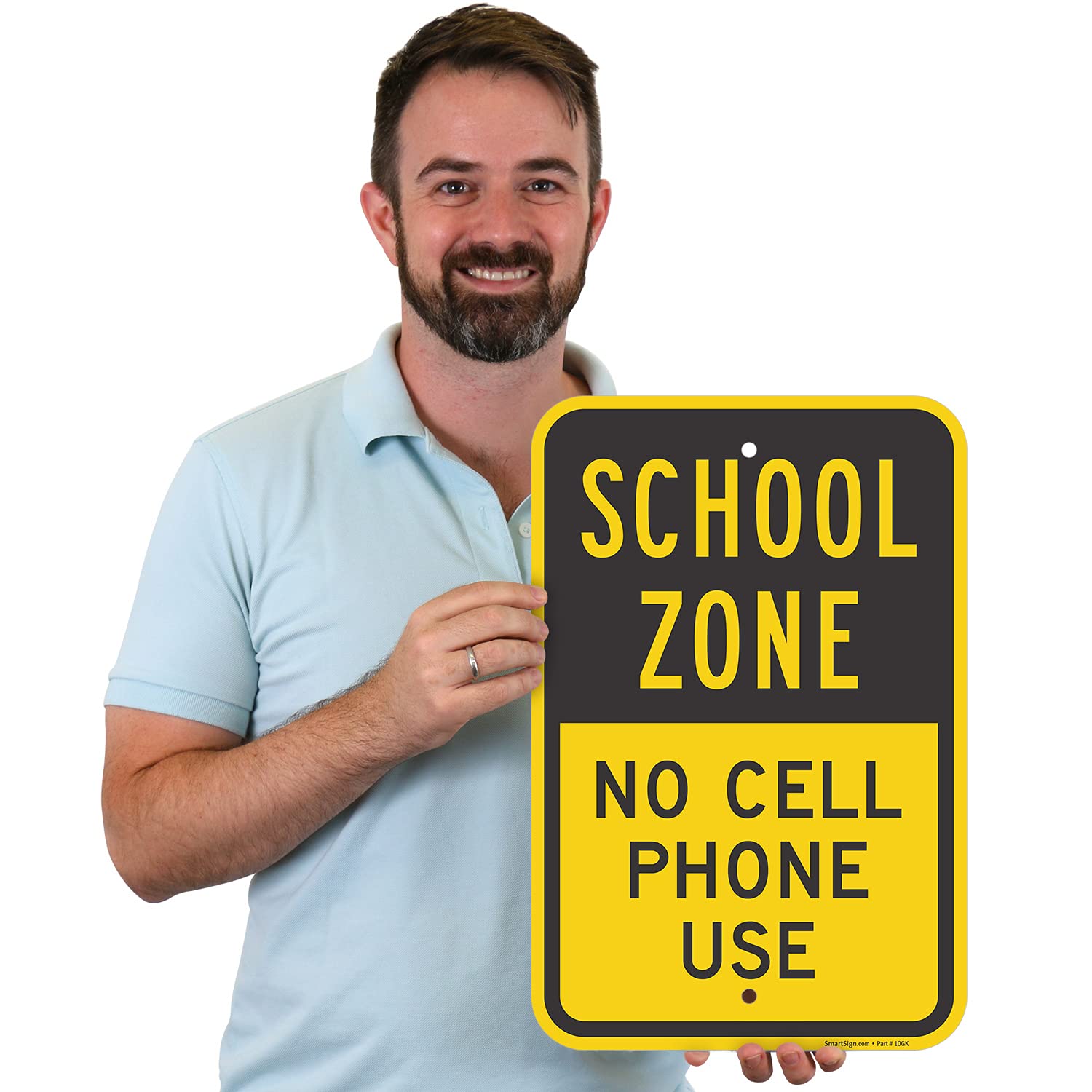 SmartSign 18 x 12 inch “School Zone - No Cell Phone Use” Metal Sign, 63 mil Laminated Rustproof Aluminum, Black and Yellow, Made in USA